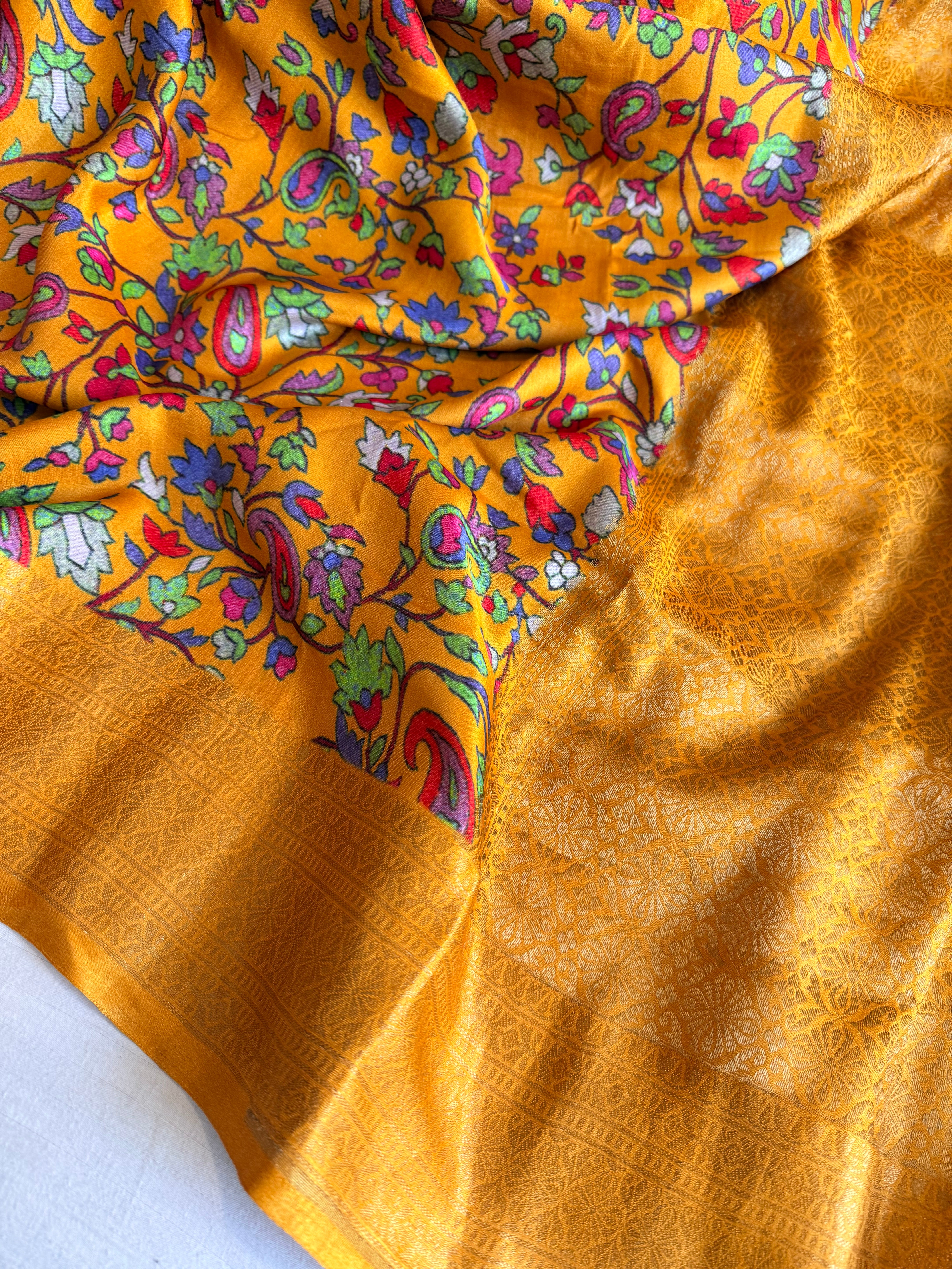 Banarasi mashru satin silk kani weaving printed olive gold saree