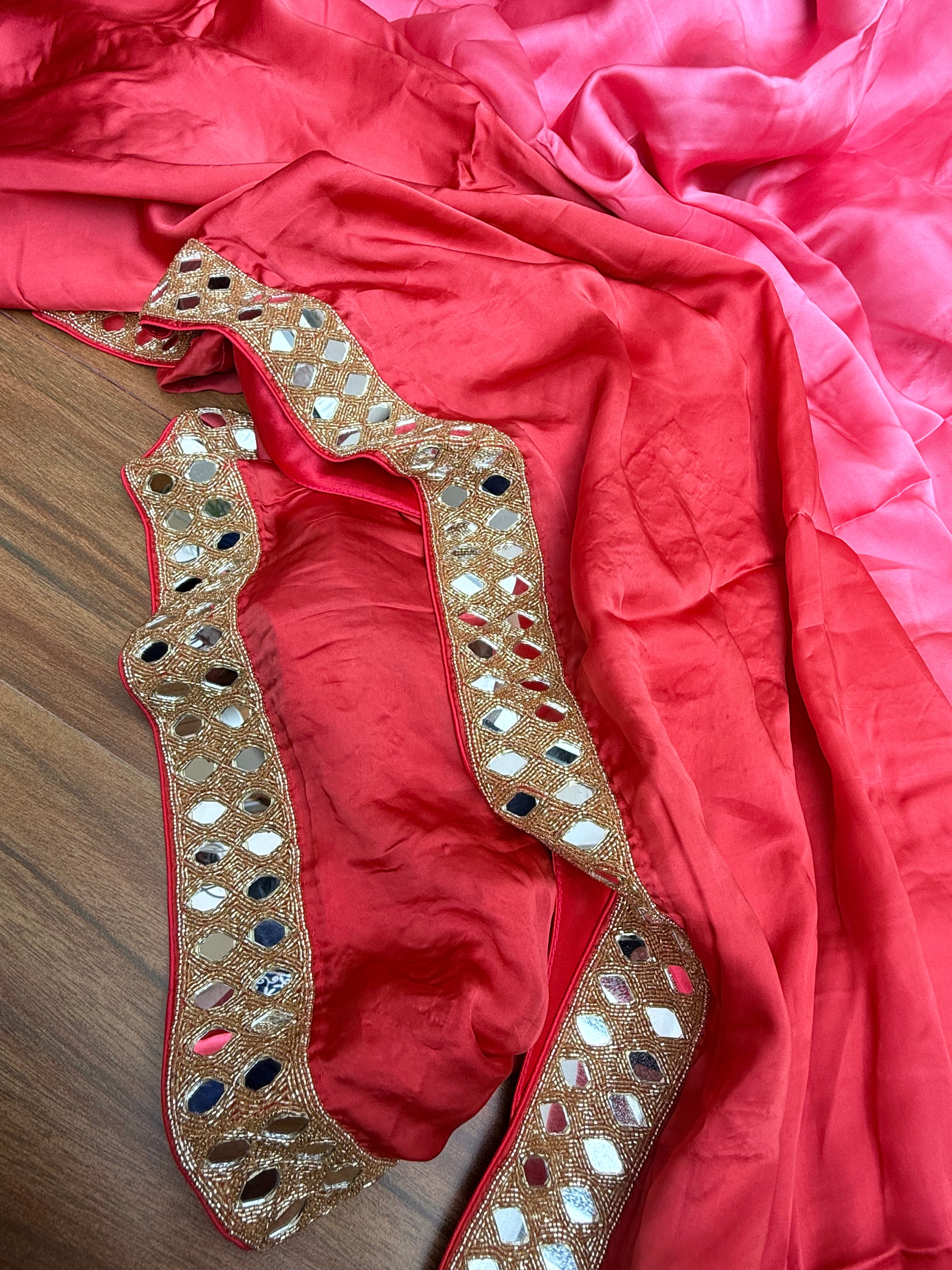 Tyohaar edit - Gajri shaded red mashru satin silk mirrorwork kadhwa saree