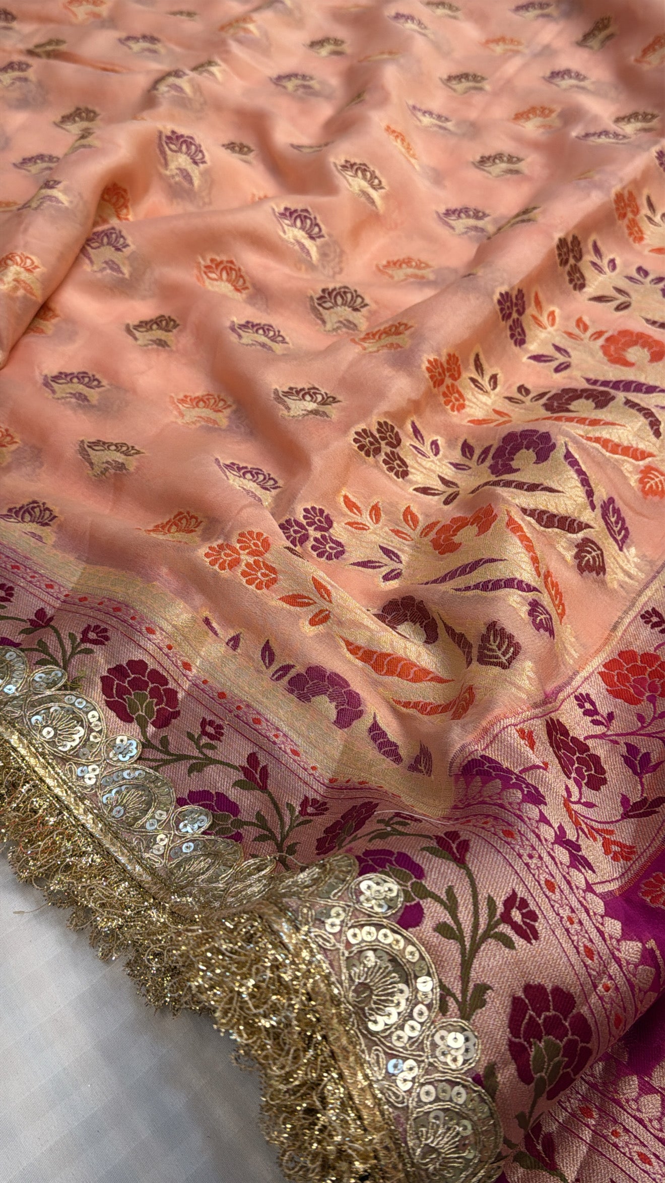 Banarasi chiffon gorgette kadhwa meenakari buti chap dye saree