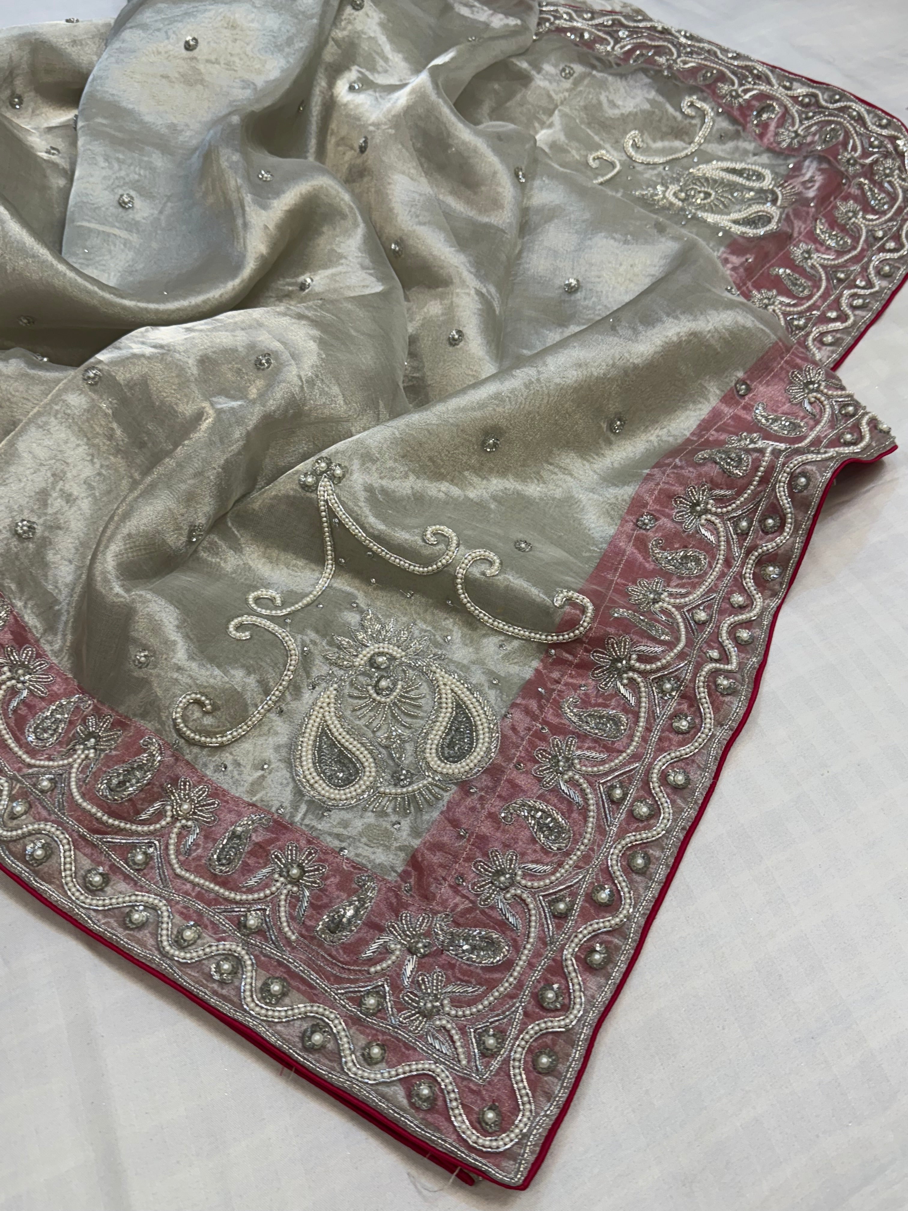 Heere aur moti edit - Ivory pearl work heavy zardozi work hand embroidered saree