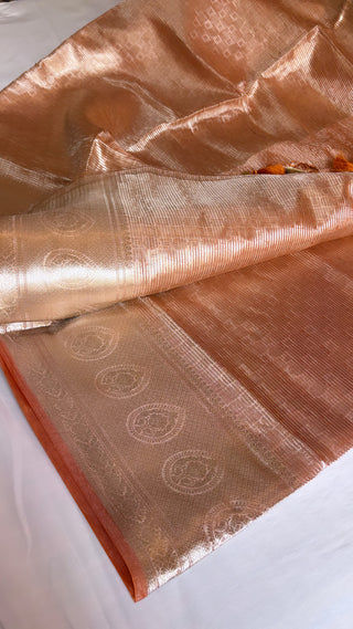 Tangerine orange tissue silk brocade kadhwa saree with crushed pallu