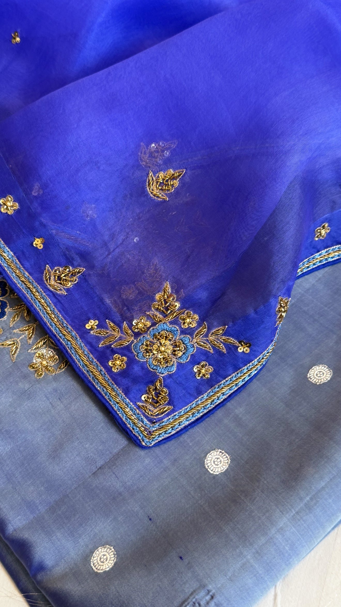 Blush blue - ink blue shade katan silk hand embroidered kurta paired with kora silk zardozi duppata