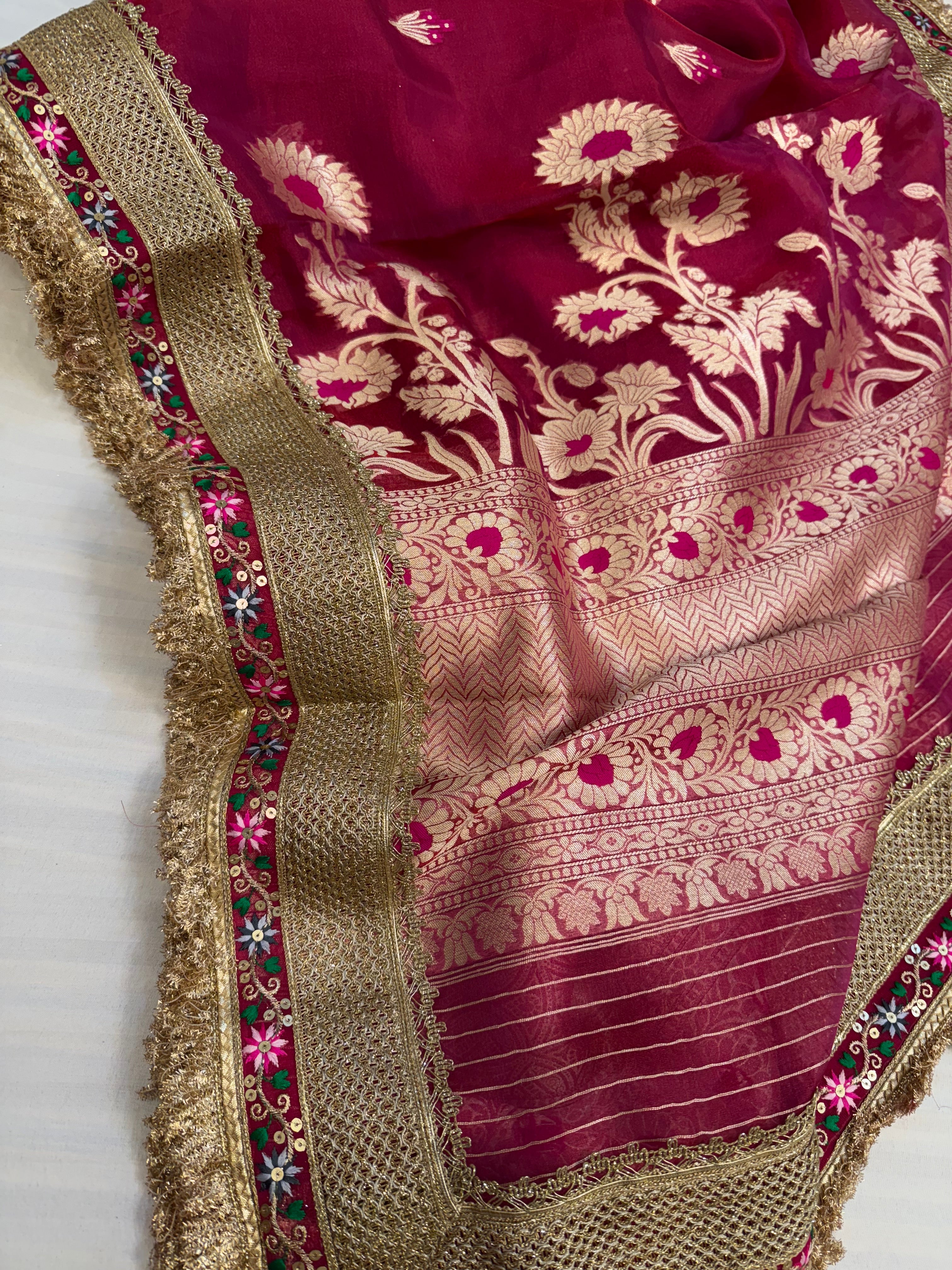 Rani pink maharani tissue silk meenakari kadhwa saree