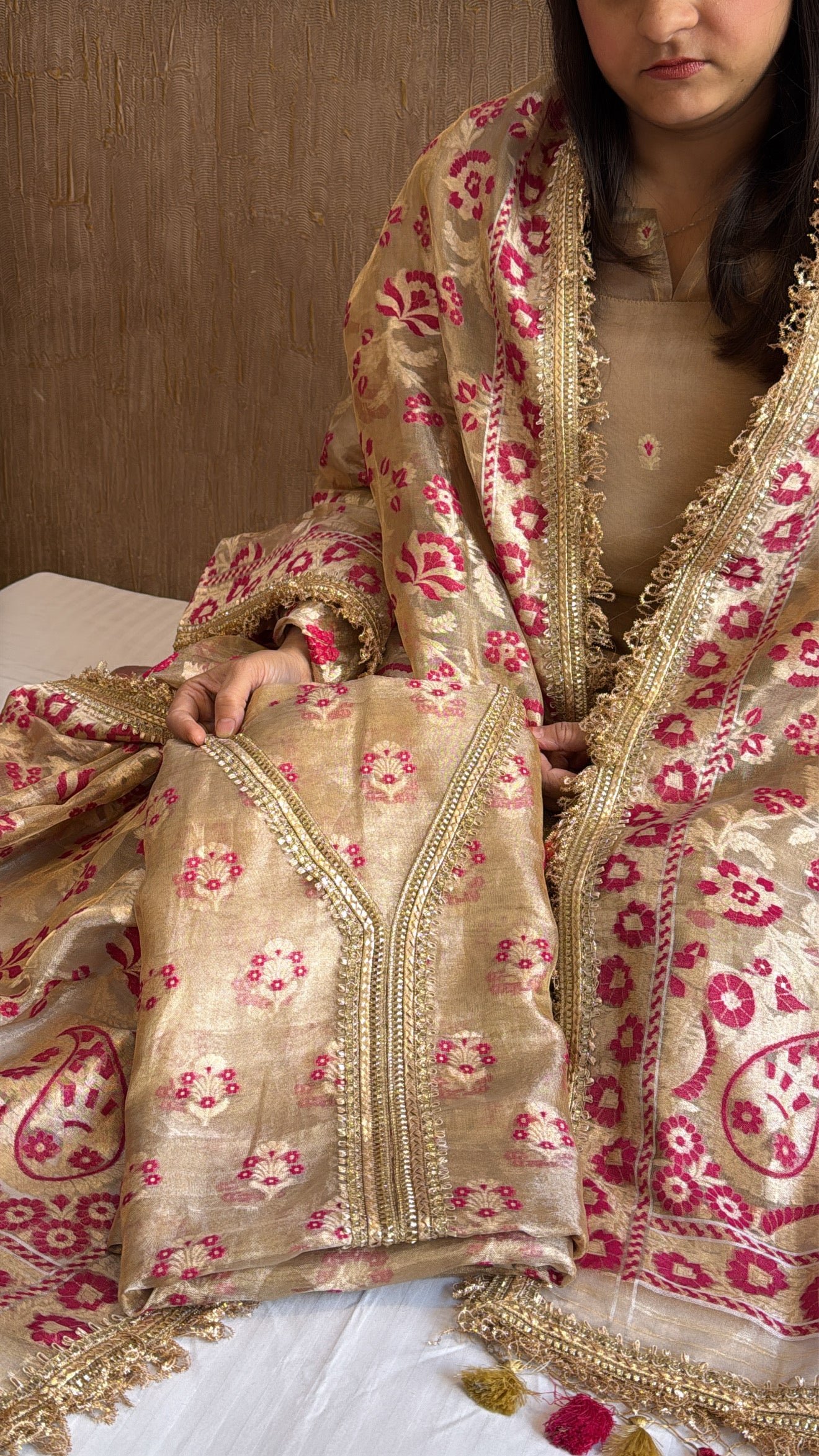Vivah edit - Golden tissue silk jamdani meenakari weaving hand embroidered suit set