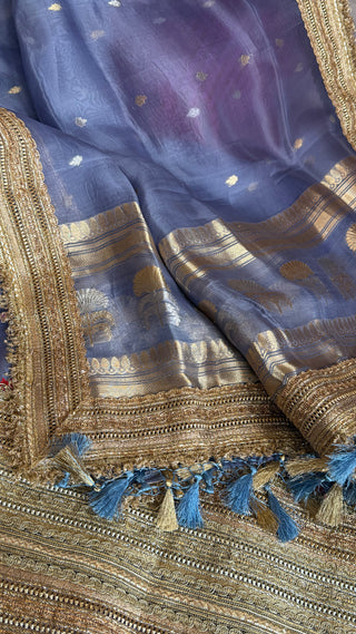 Dusty blue kora silk kadhwa gotapatti work suit set