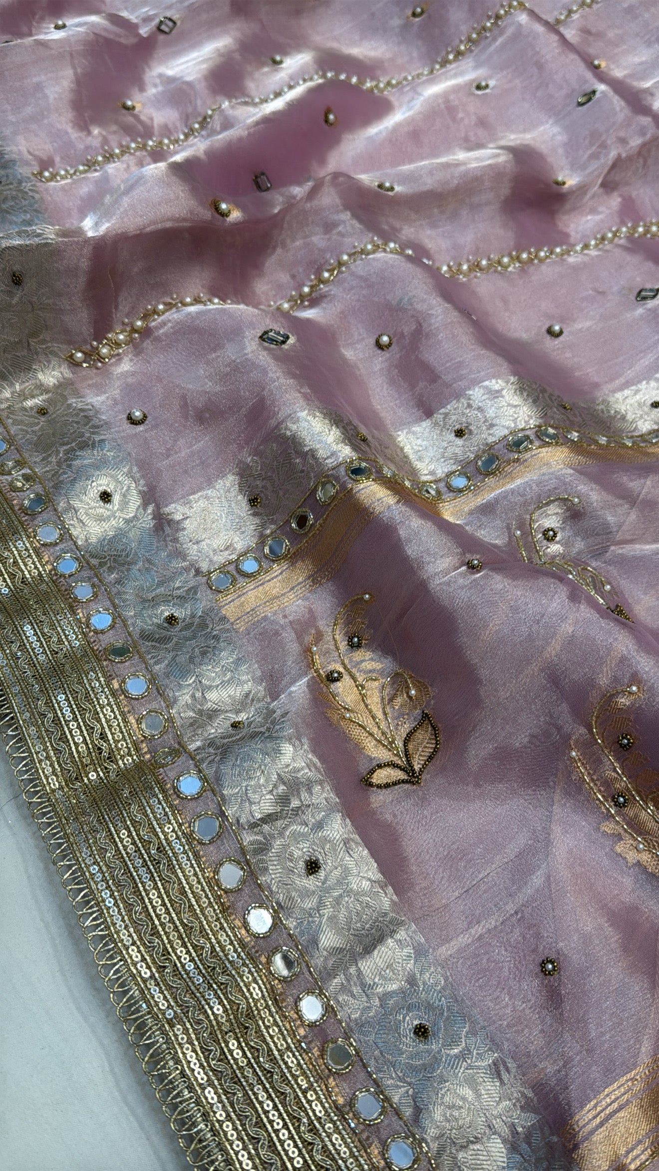 Blush pink husn tissue silk hand embroidered kadhwa saree