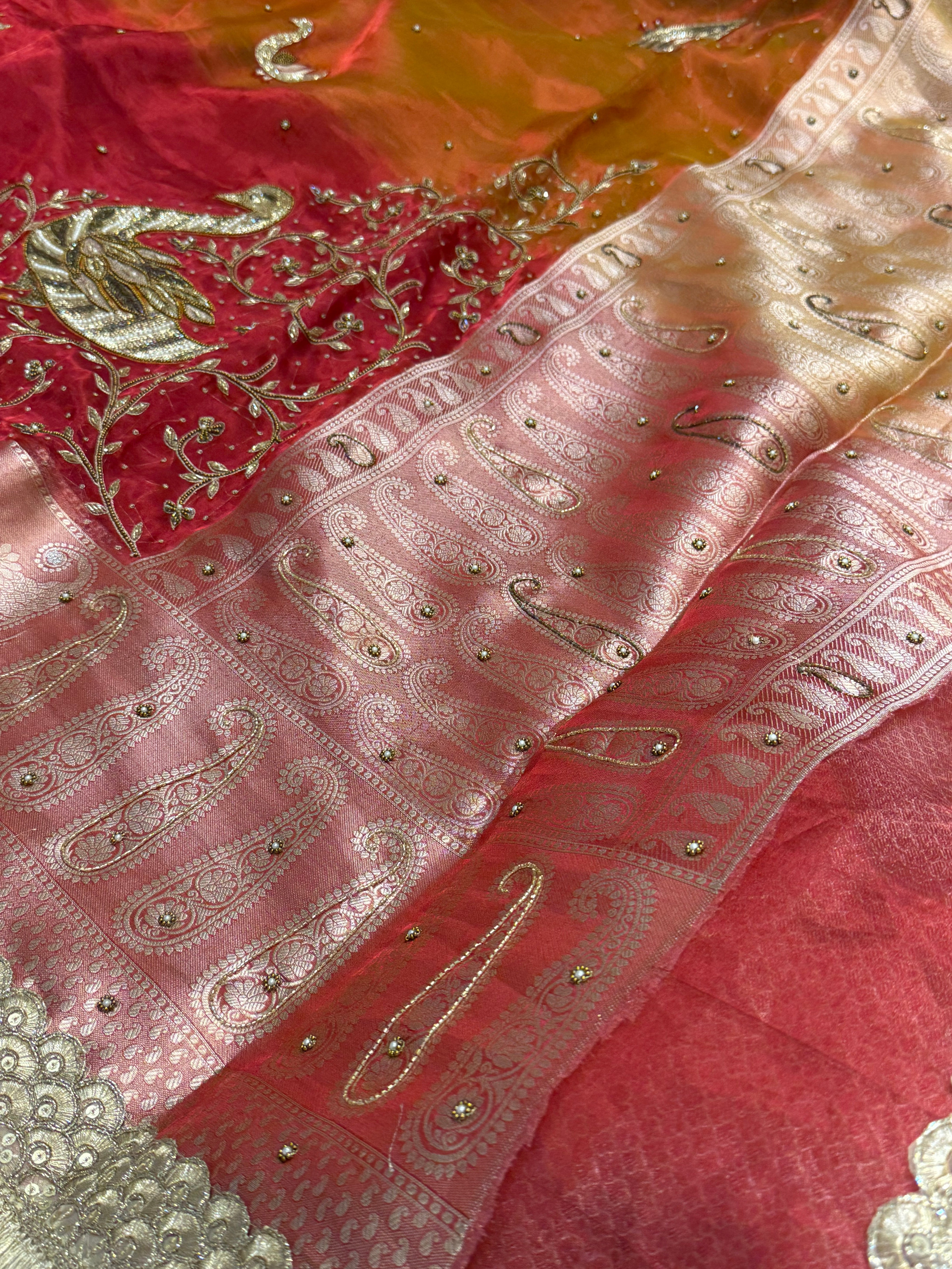 Karwachauth special - Red orange ombre shaded tissue silk duck motif hand embroidered saree