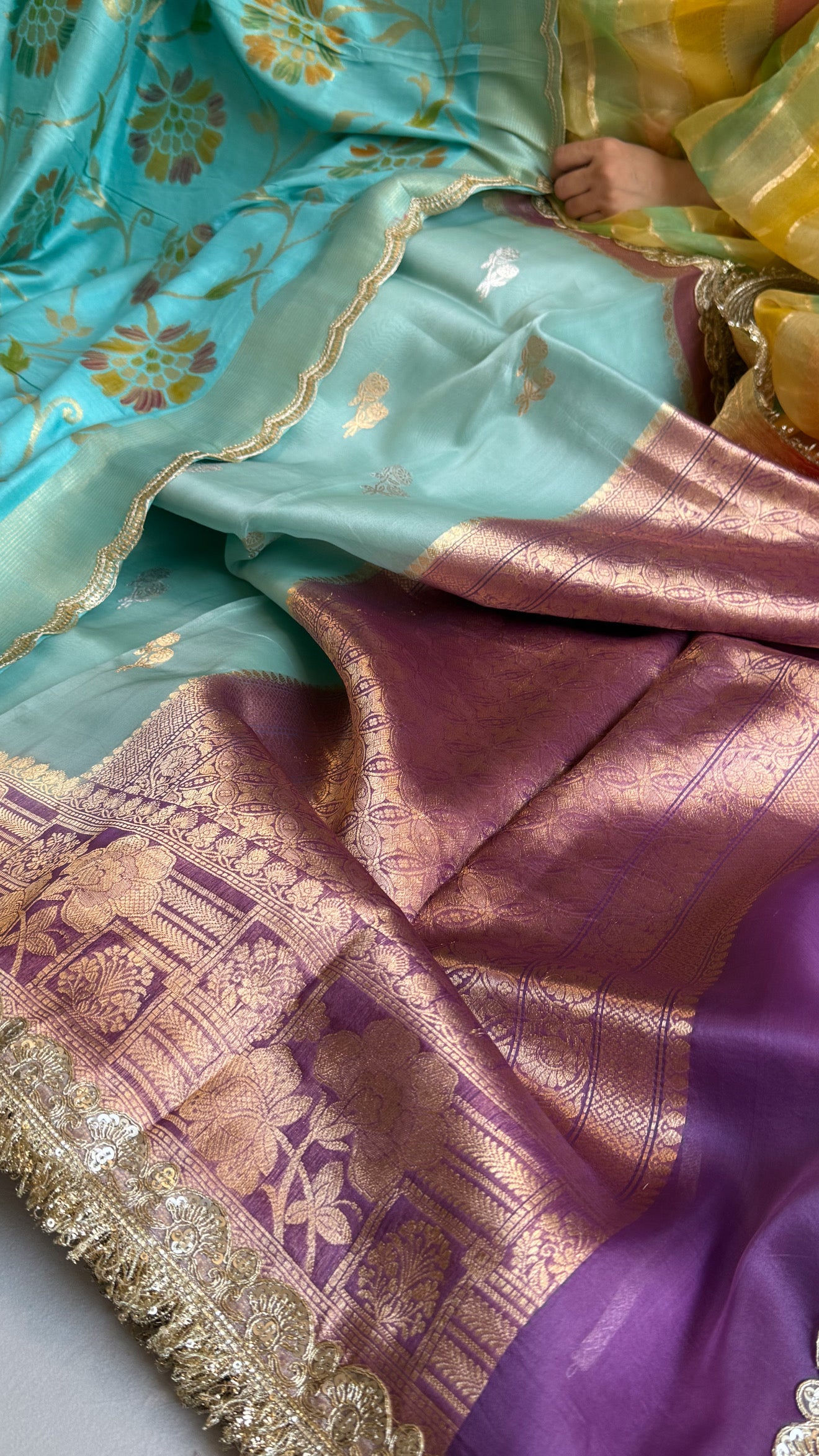 Kora silk chap dye contrast border kadhwa saree paired with moonga silk duppata sets