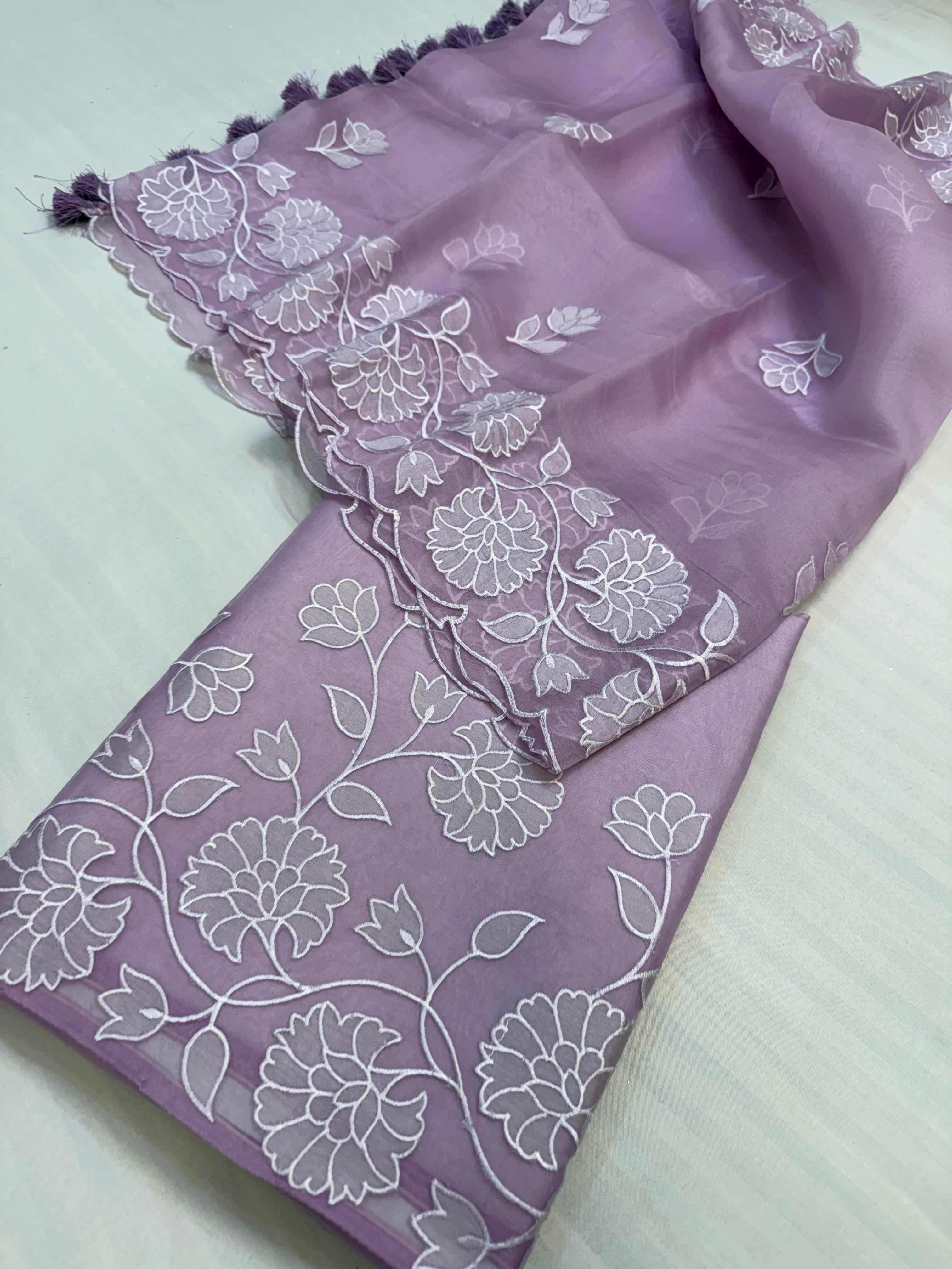 Dreamy lilac kora silk hand embroidered appliqué work suit set