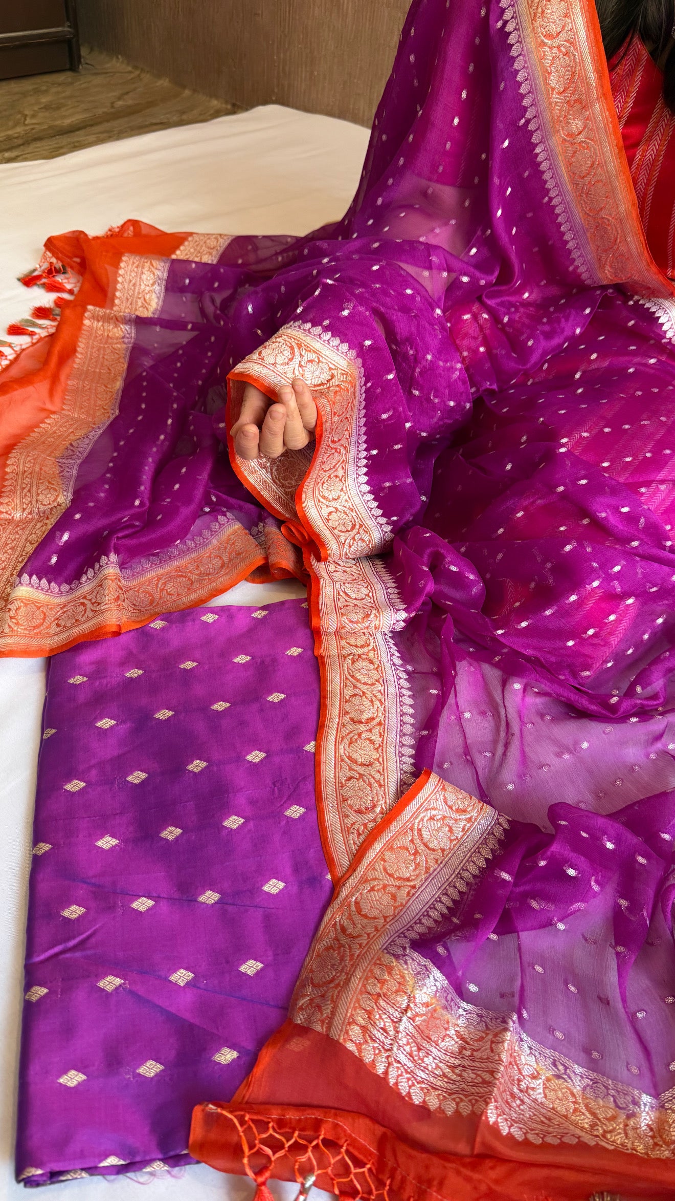 Magenta purple-fanta orange katan silk kadhwa buti kurta paired with chiffon gorgette chap dye duppata set