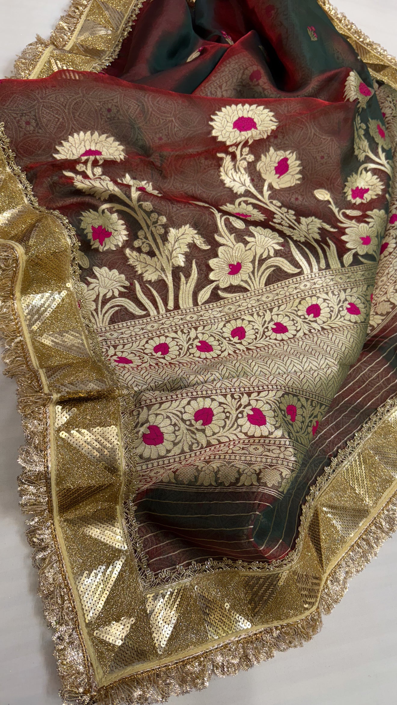 Maharani blood red dhup chao effect tissue silk meenakari saree