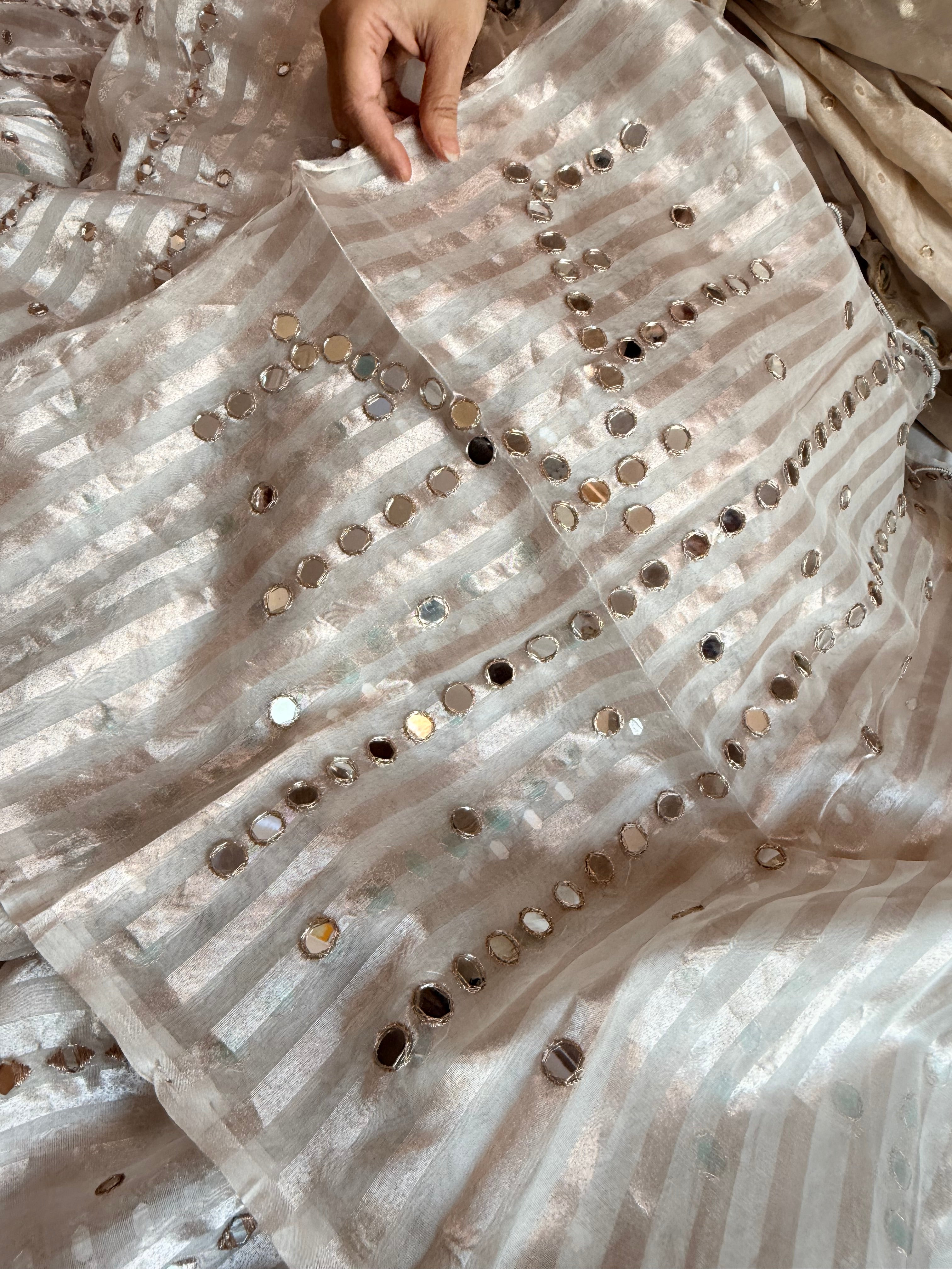 Diamond tissue silk zari stripes mirror work hand embroidered kadhwa saree