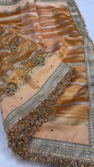 Trousseau edit — Chuski orange husn tissue silk hand embroidered saree