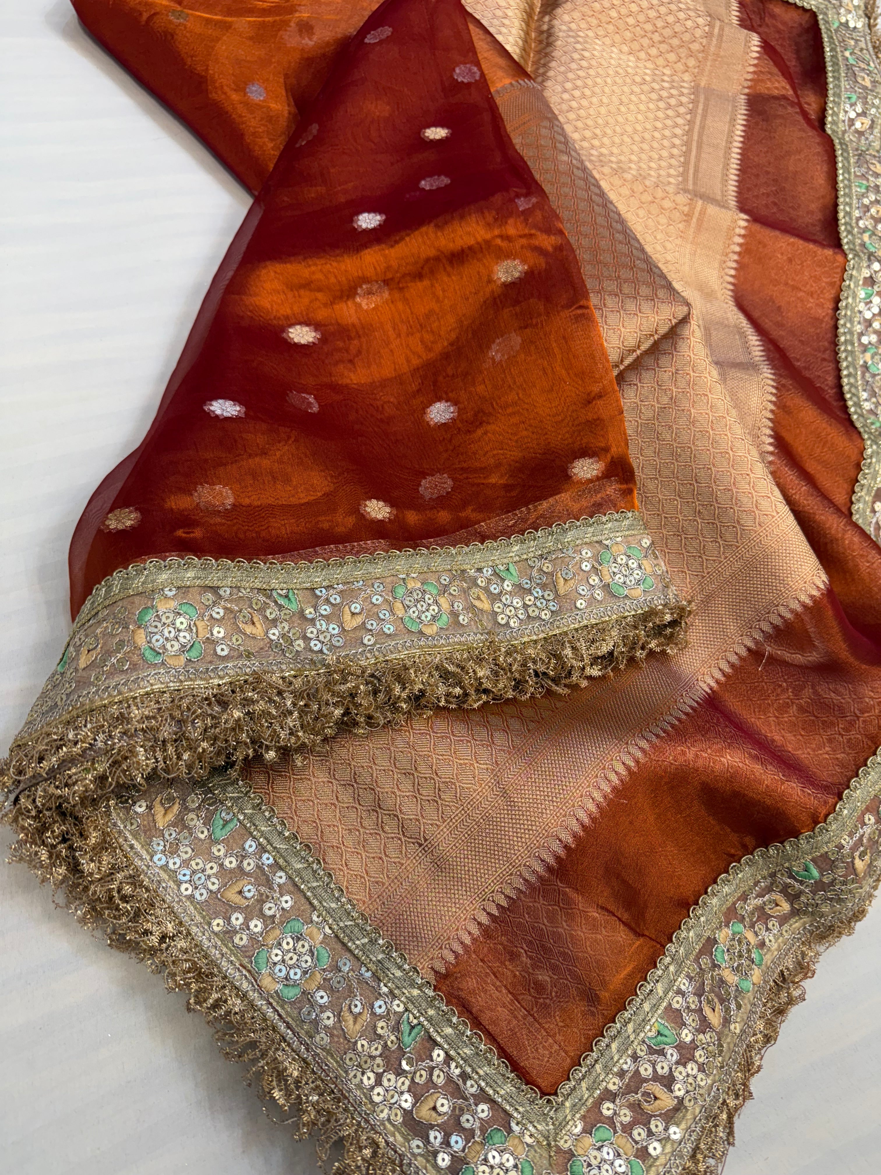 Bright fanta orange maharani tissue silk kadhwa saree