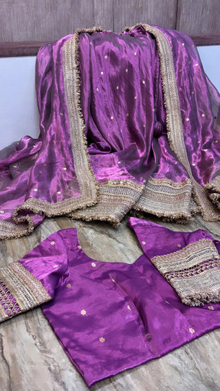 Mastani Metallic rose pink tissue silk kadhwa buti lehenga