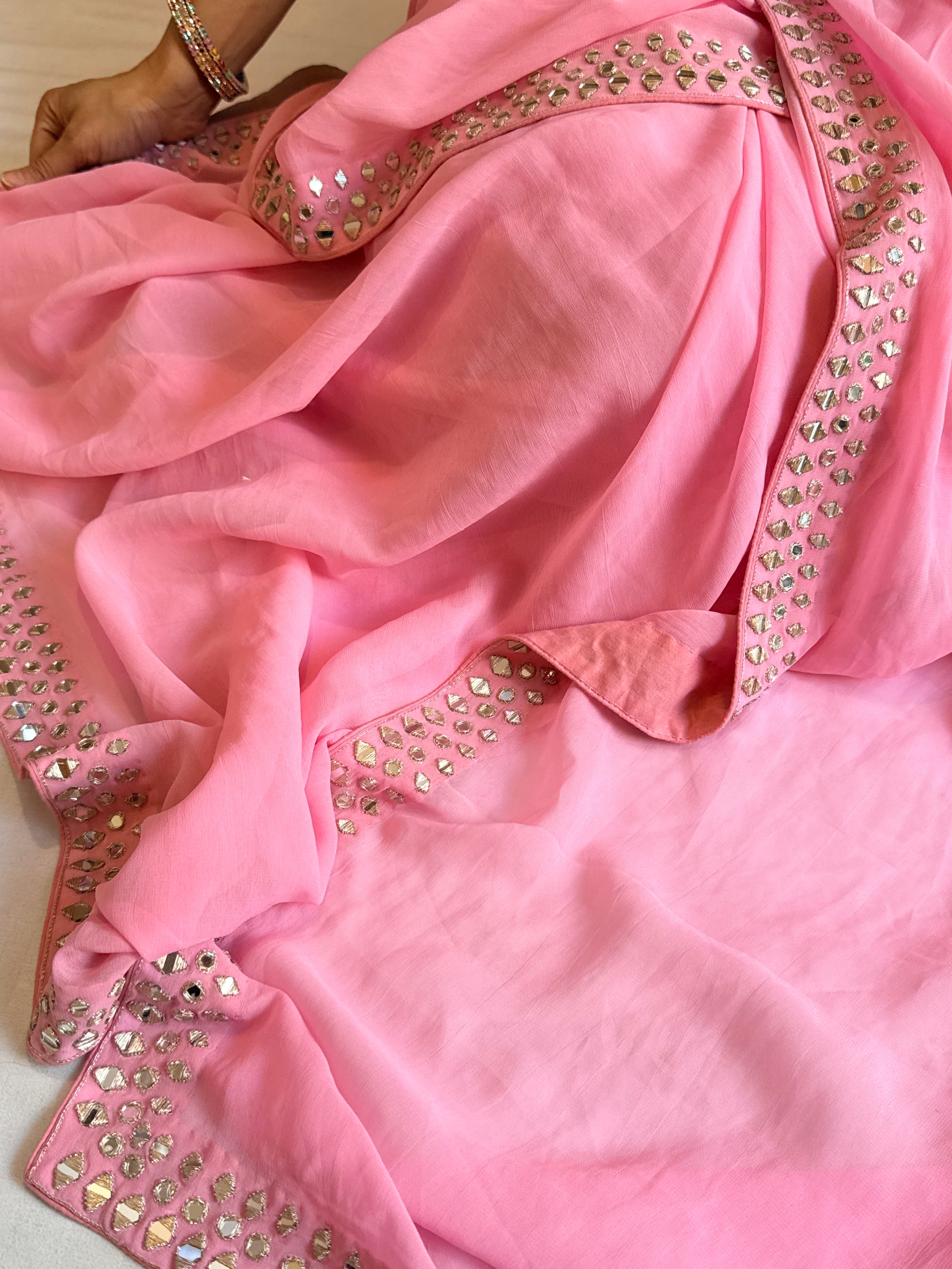 Mother’s Day offer - Candy pink chiffon gorgette mirrorwork hand embroidered sarees