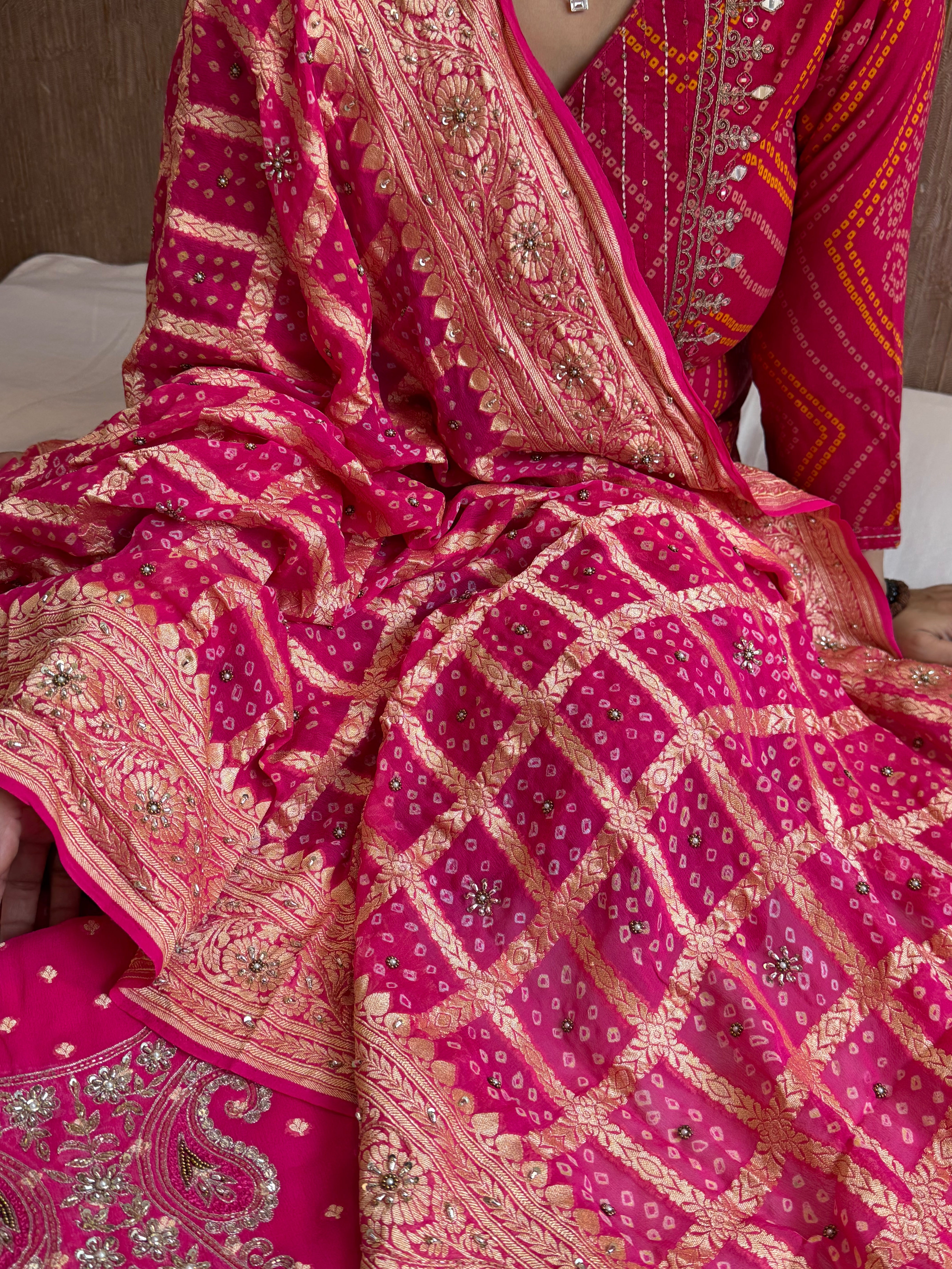 Hot fuschia pink rai bandhej Banarasi gorgette kadhwa hand embroidered suit set