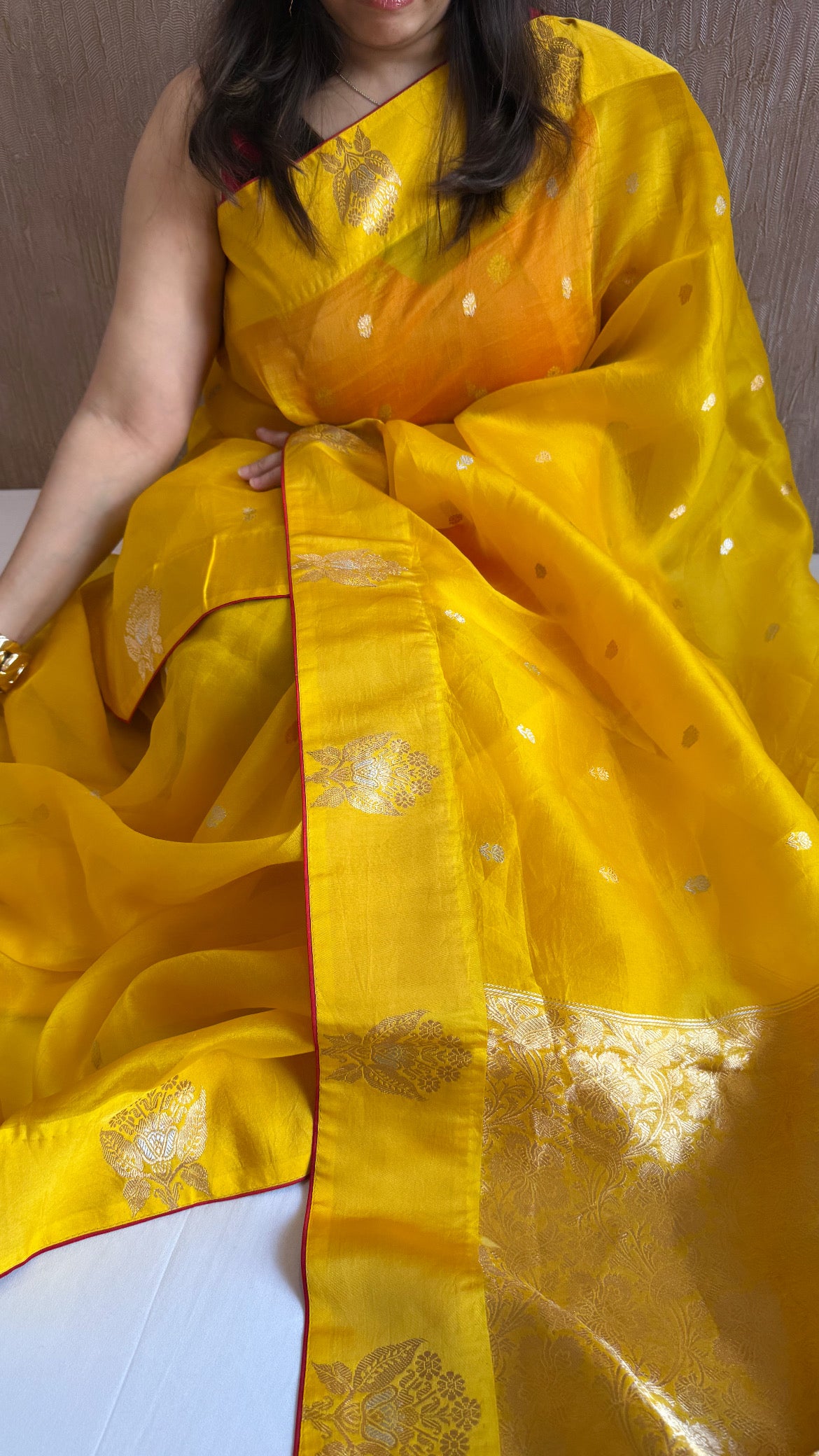 Haldi yellow kora silk banarasi kadhwa border saree