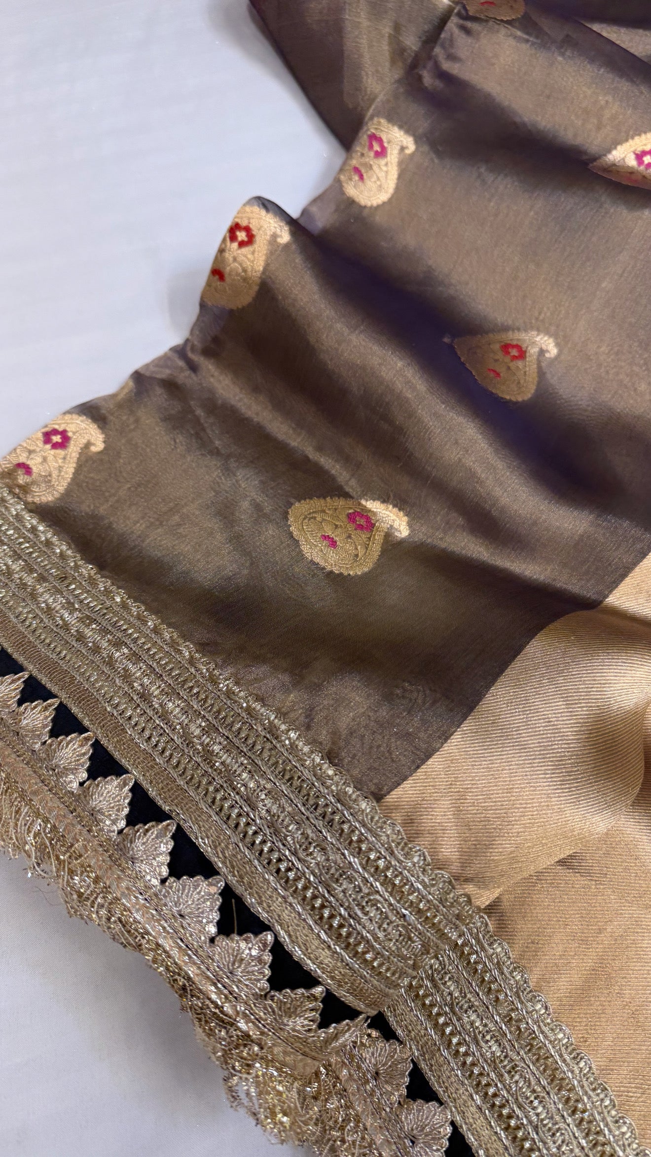 Maharani grey tissue silk kadhwa meenakari buti saree
