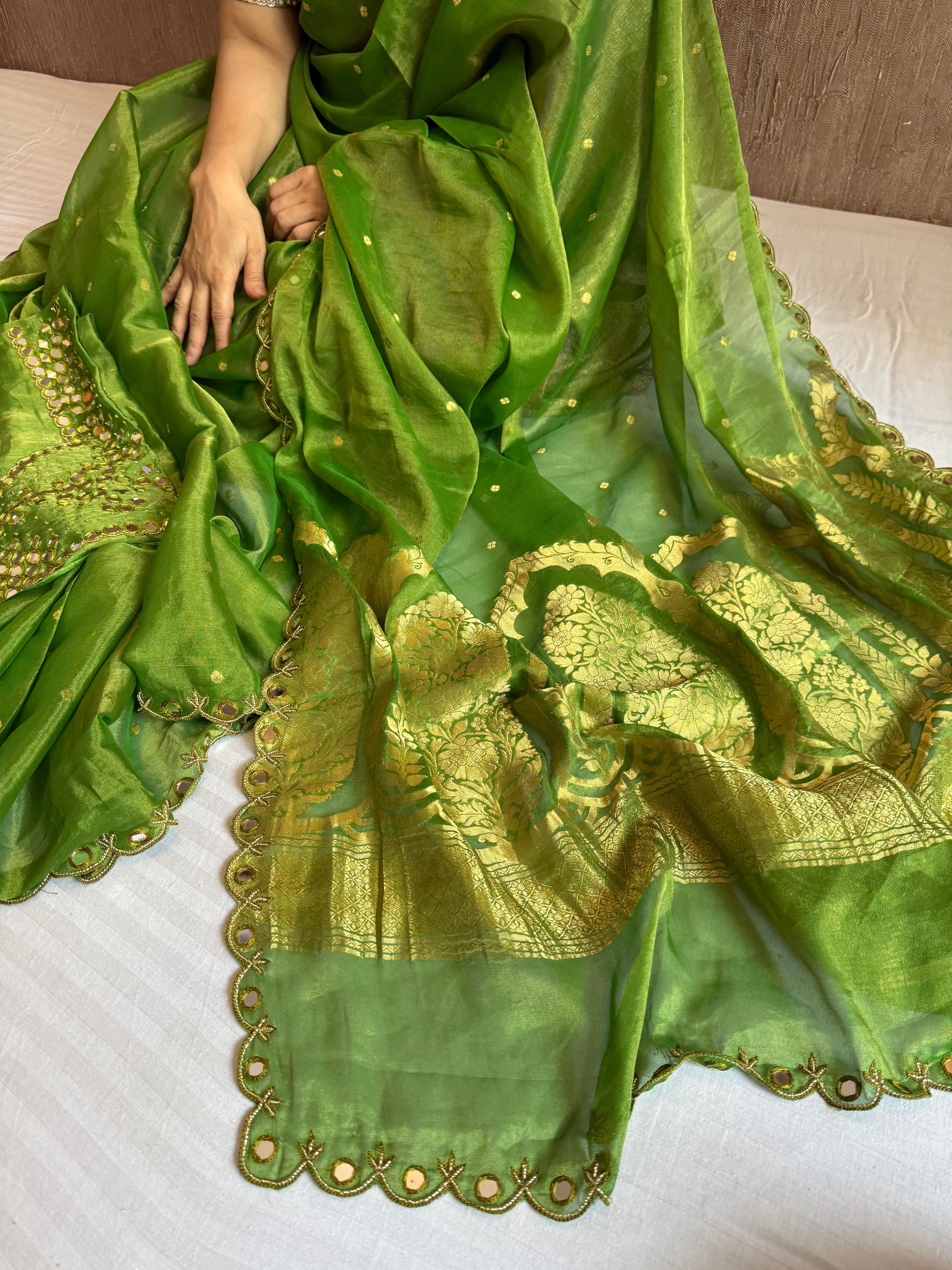 Parrot green tissue gorgette kadhwa mirror hand embroidered saree