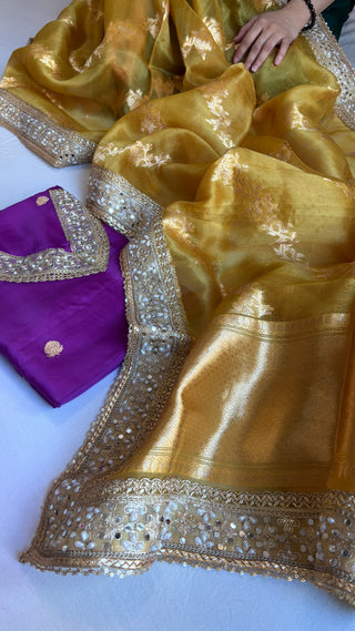 Banarasi purple-olive gold kora silk gotapatti kadhwa suit sets