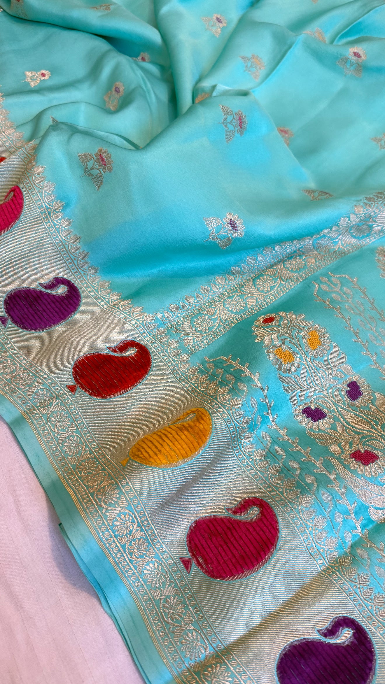 Sky blush blue banarasi mashru silk velvet buti kadhwa weaving saree
