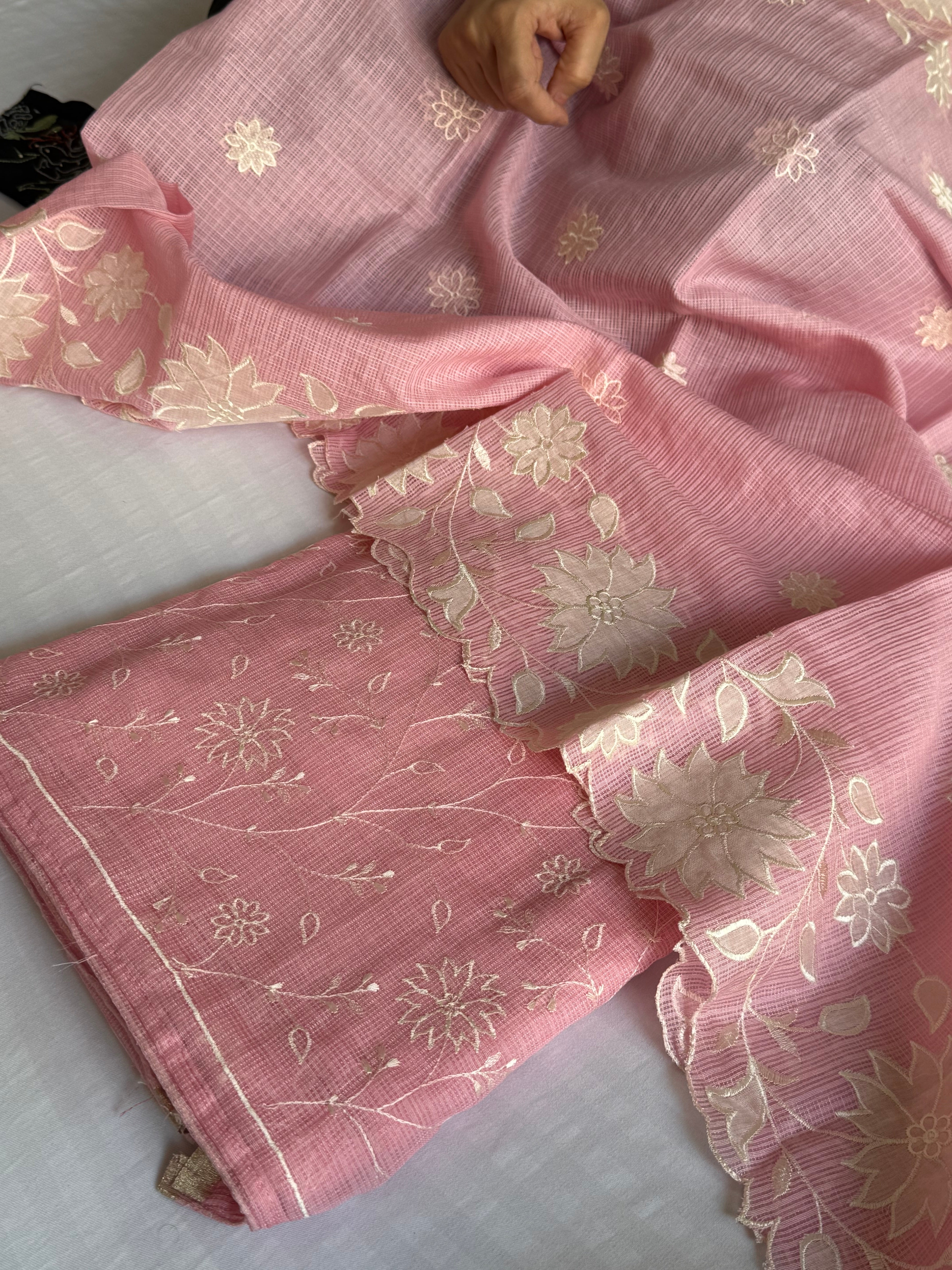 Peachy pink kota check appliqué work kadhwa suit set