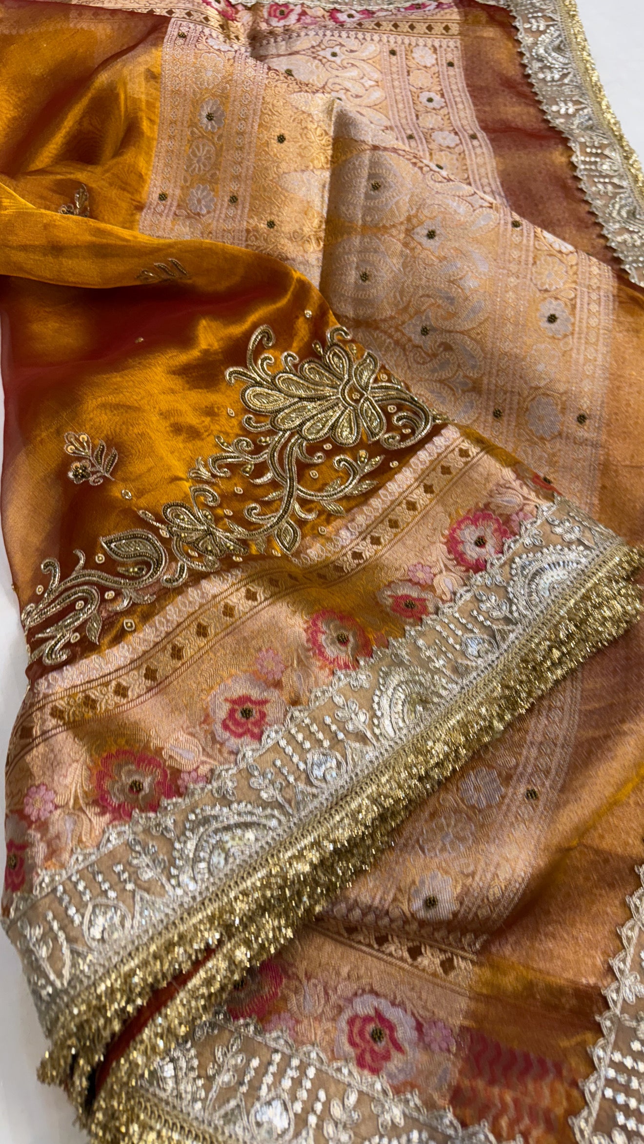 Cocktail wali saree - Kanjivaram orange tissue silk hand embroidered saree