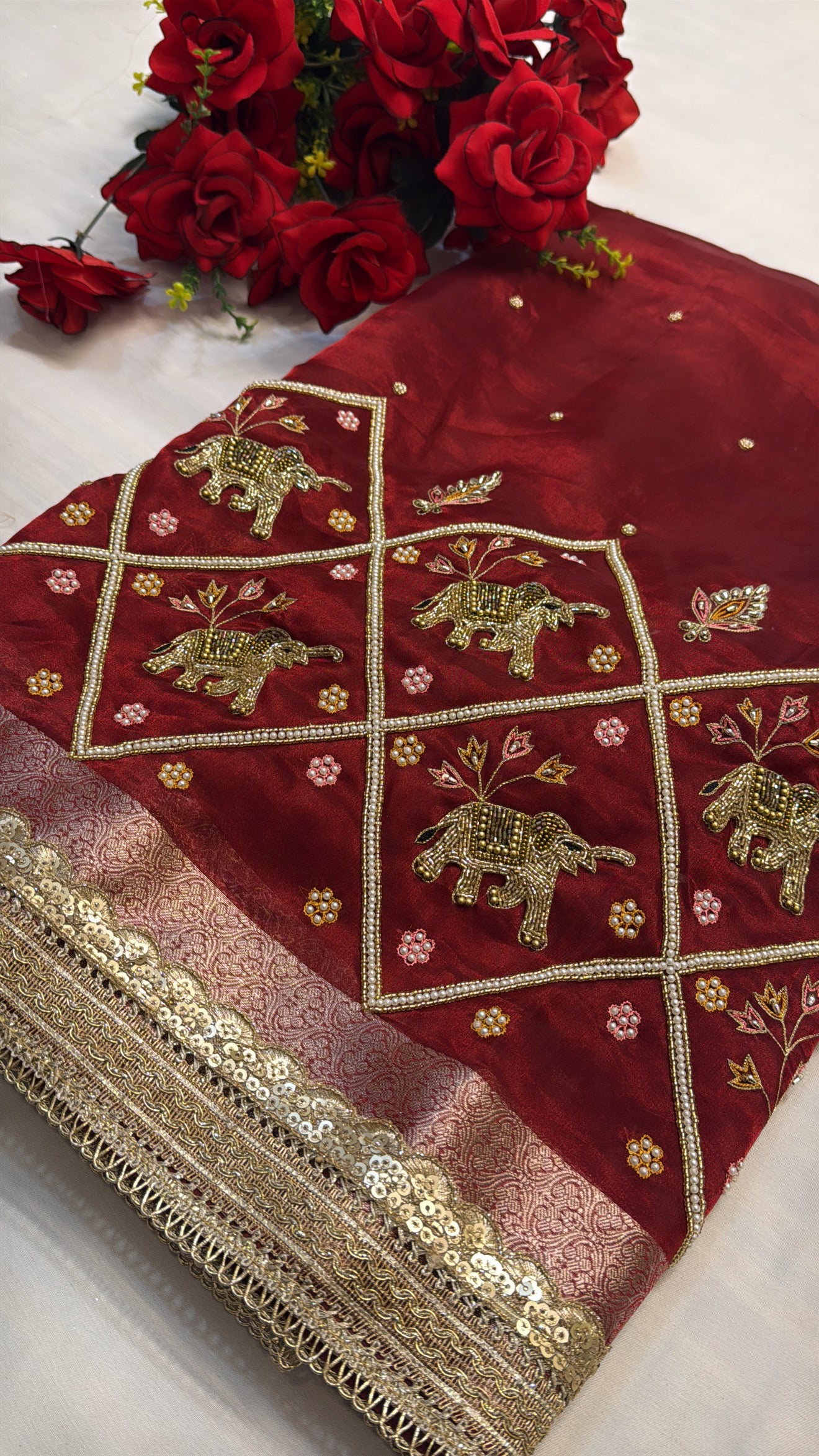 Dulhan ka joda husn red tissue silk hand embroidered saree