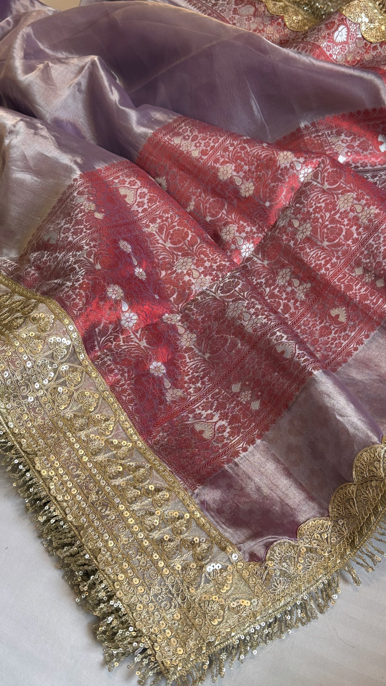 Maharani dreamy lavender tissue silk kadhwa meenakari saree