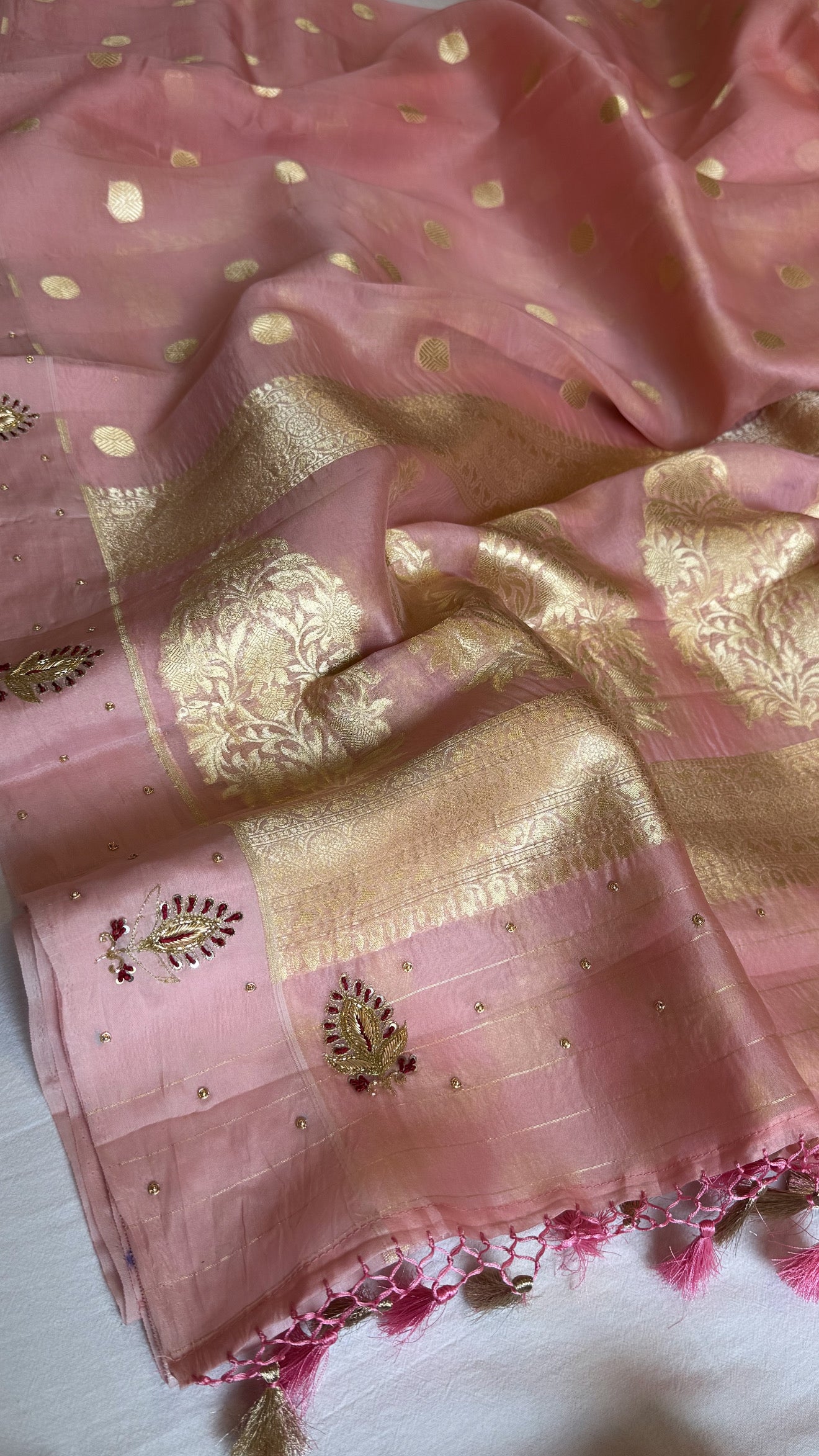 Blush pink banarasi kora silk hand embroidered kadhwa saree