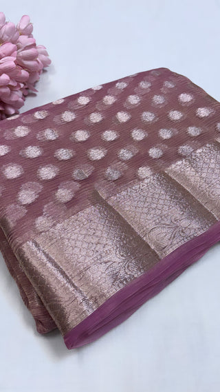 Pure banarasi purple crushed tissue silk handwoven kadhwa saree with intricate border and kadhwa blouse