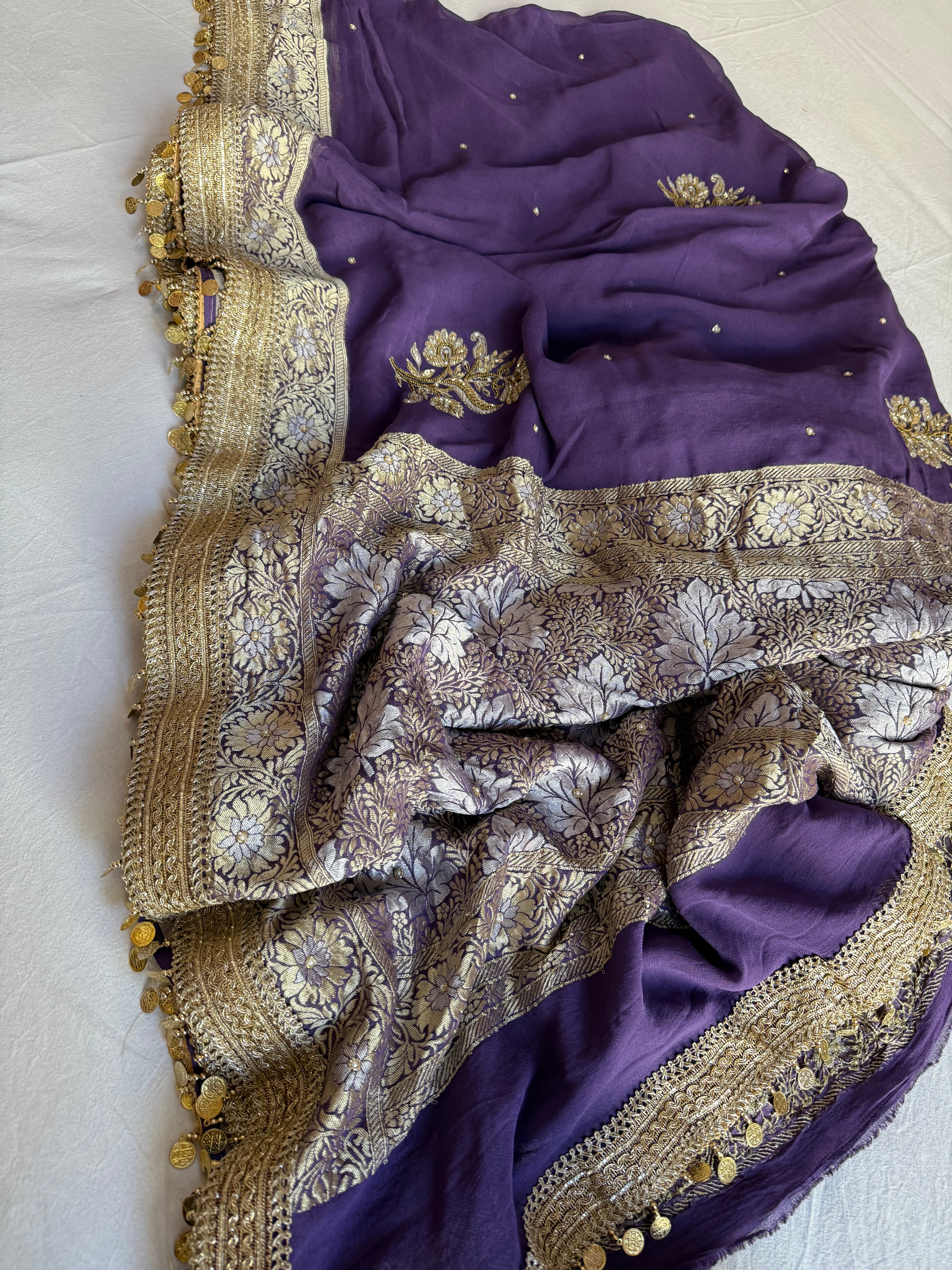 Dusty lavender gorgette banarasi kadhwa hand embroidered saree