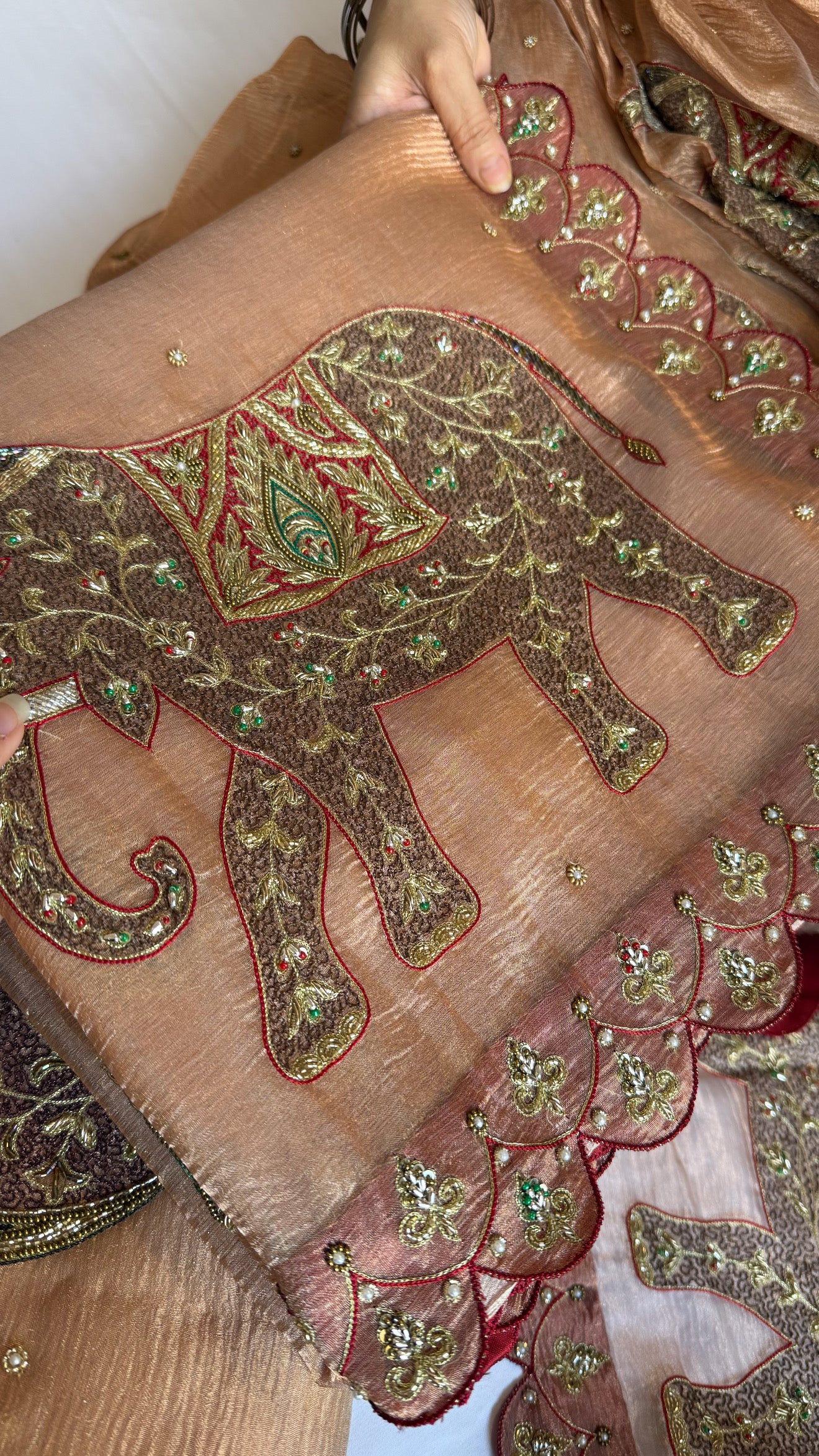 GajGamini crushed copper tissue silk elephant motif heavy hand embroidered meenakari work saree