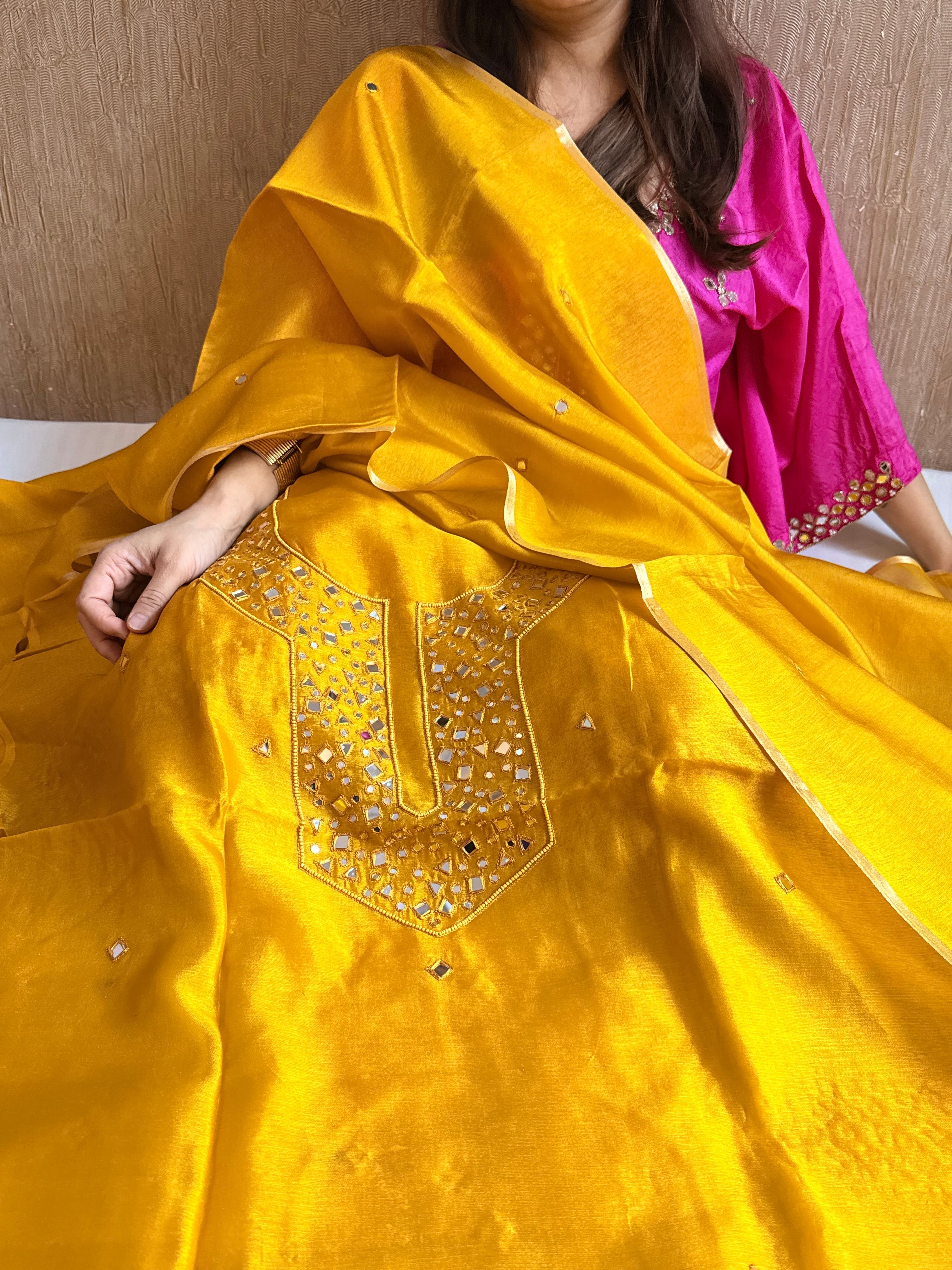 Spun chiniya silk mirror work hand embroidered banarasi suit set