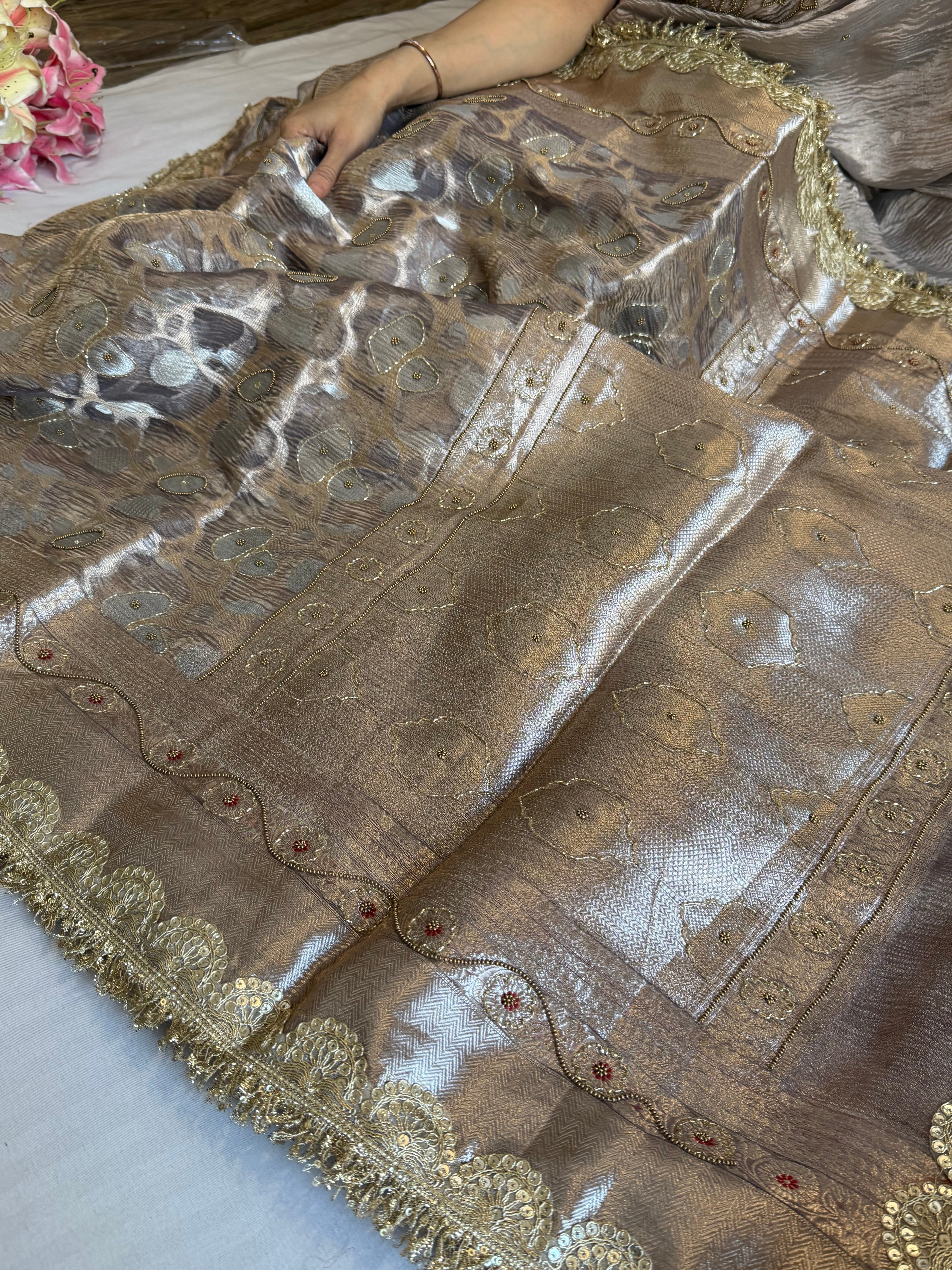 Mehfil sona rupa crushed tissue silk hand embroidered kadhwa saree