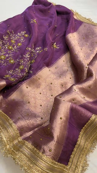 Husn shadi wali saree - Soft violet husn tissue silk heavy hand embroidered saree