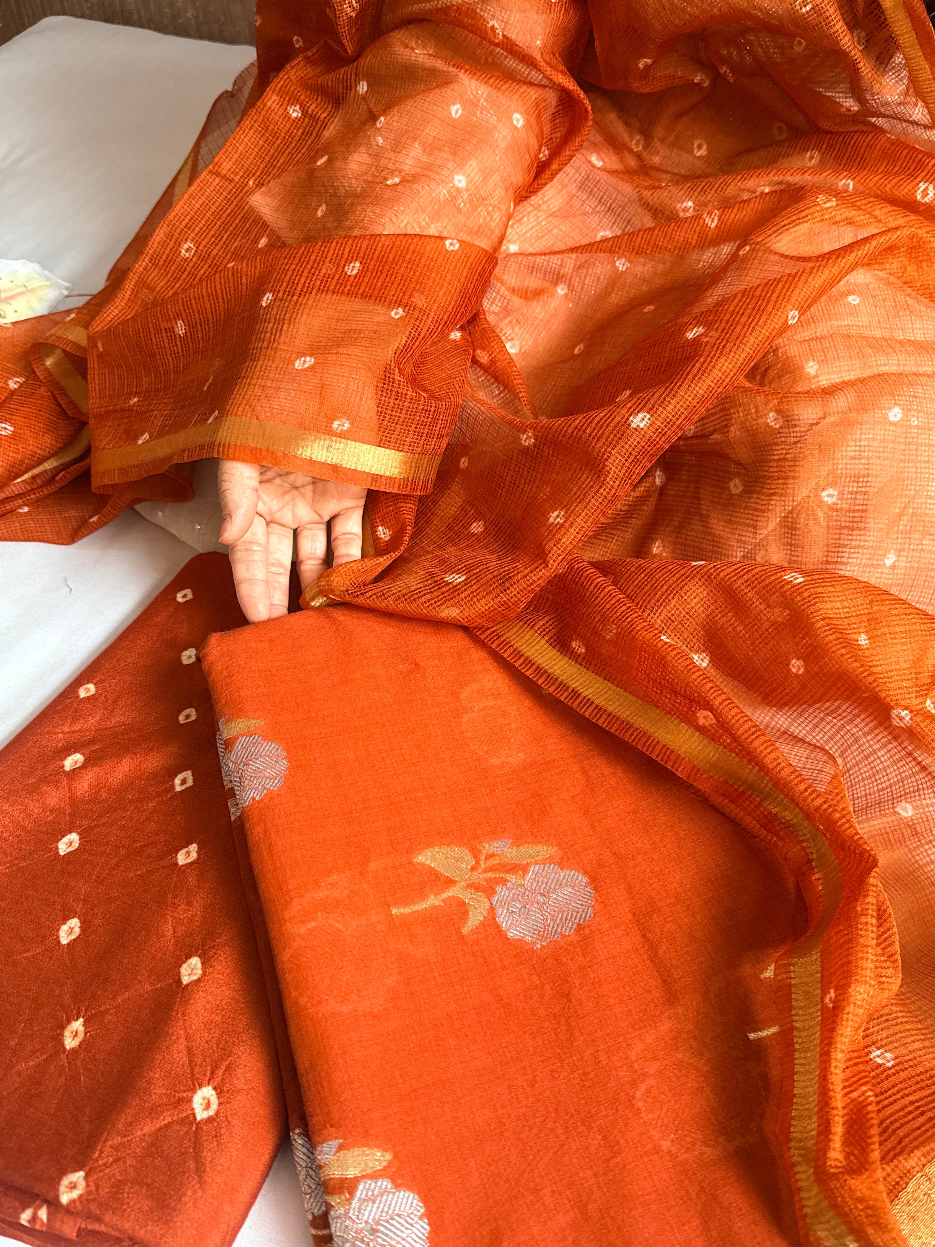 Below 8k- Mul cotton handloom kurta paired with bandhej dyed kota silk duppata set