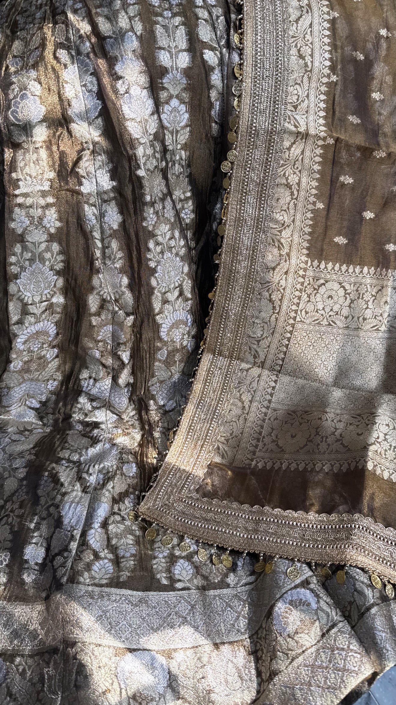 Antique gold tissue silk kali wala lehenga set