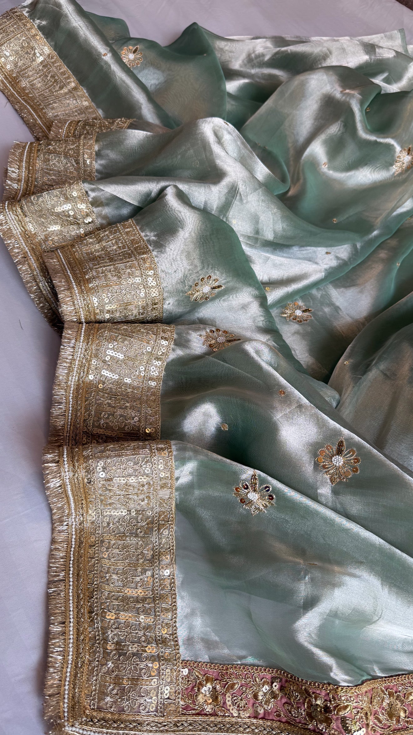 Hina khan inspired sage-green blush pink hand embroidered kadhwa tissue saree