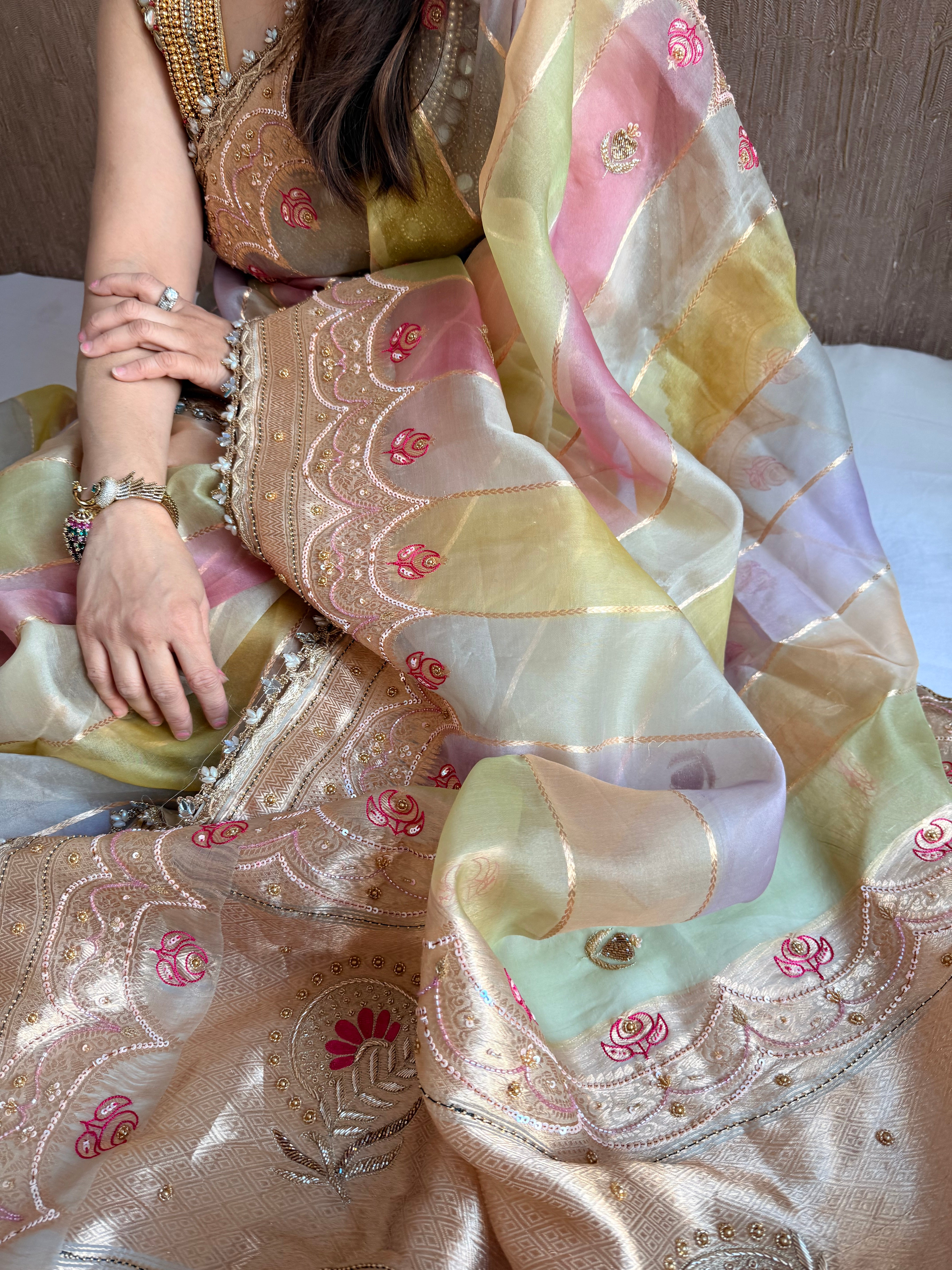 Rang birangi edit - Striped kora silk hand embroidered rangkaat saree