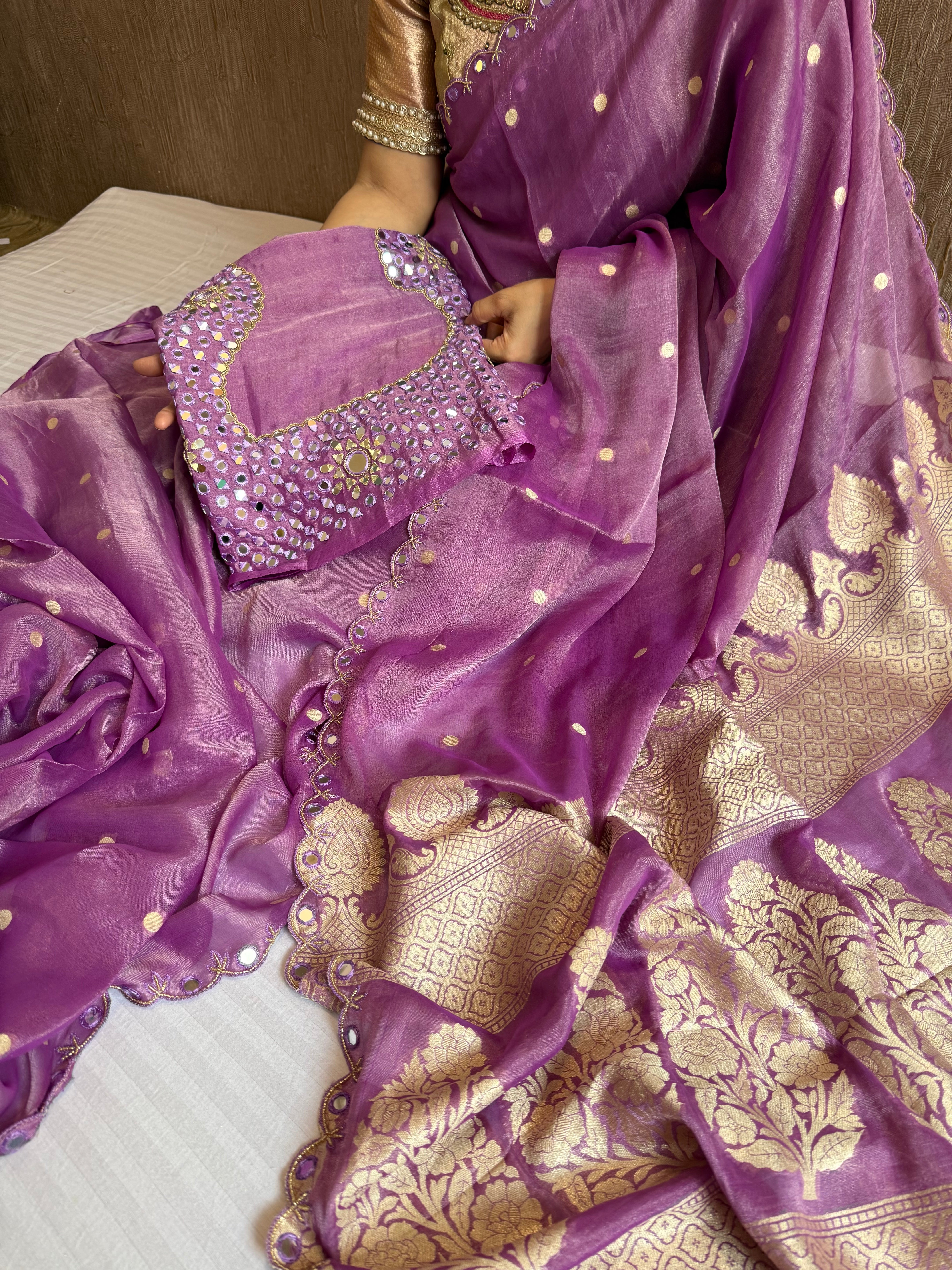 Deep purple tissue gorgette kadhwa hand embroidered saree