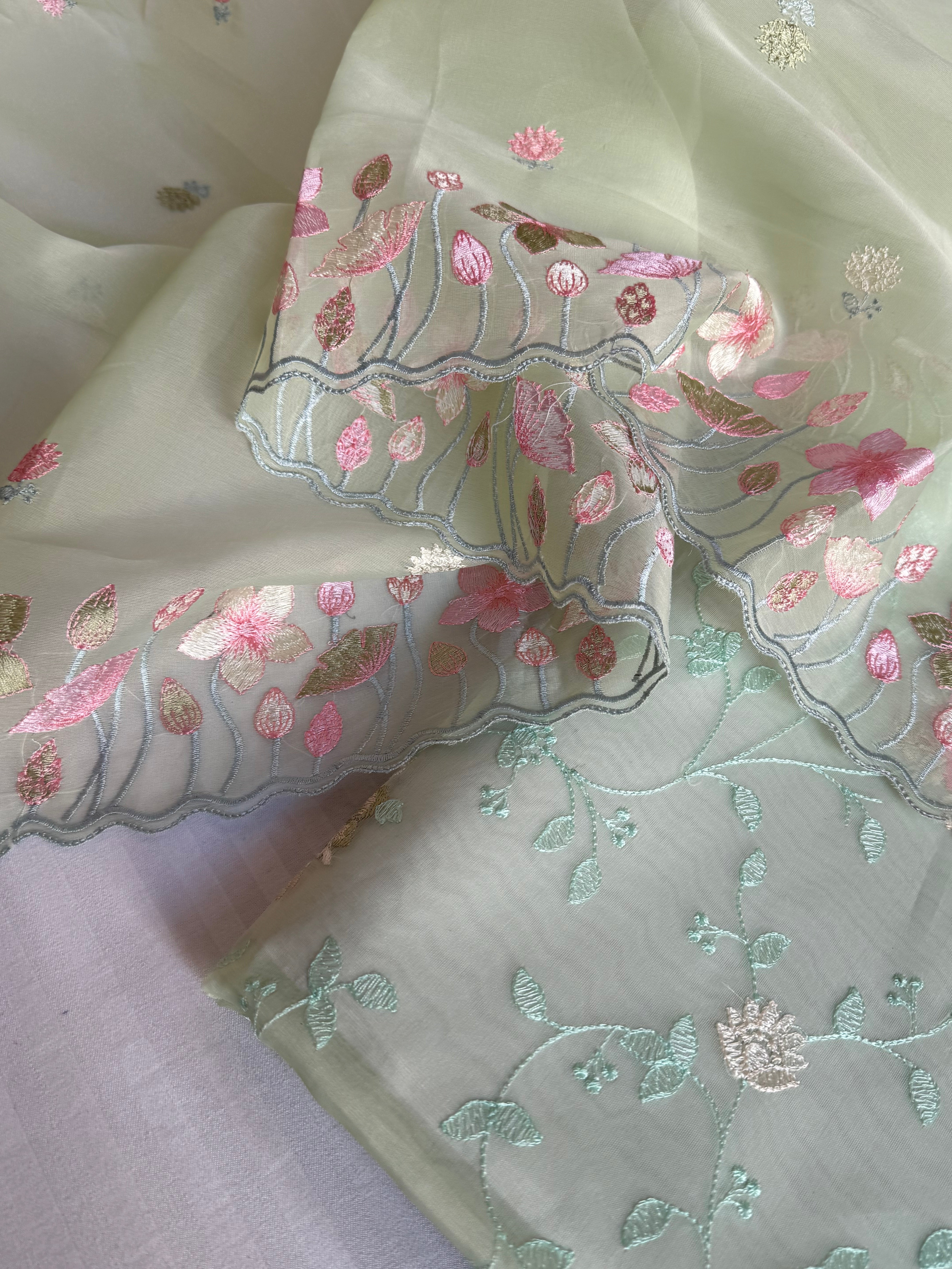 Mint green banarasi kora silk Parsi gara hand embroidered kadhwa suit set