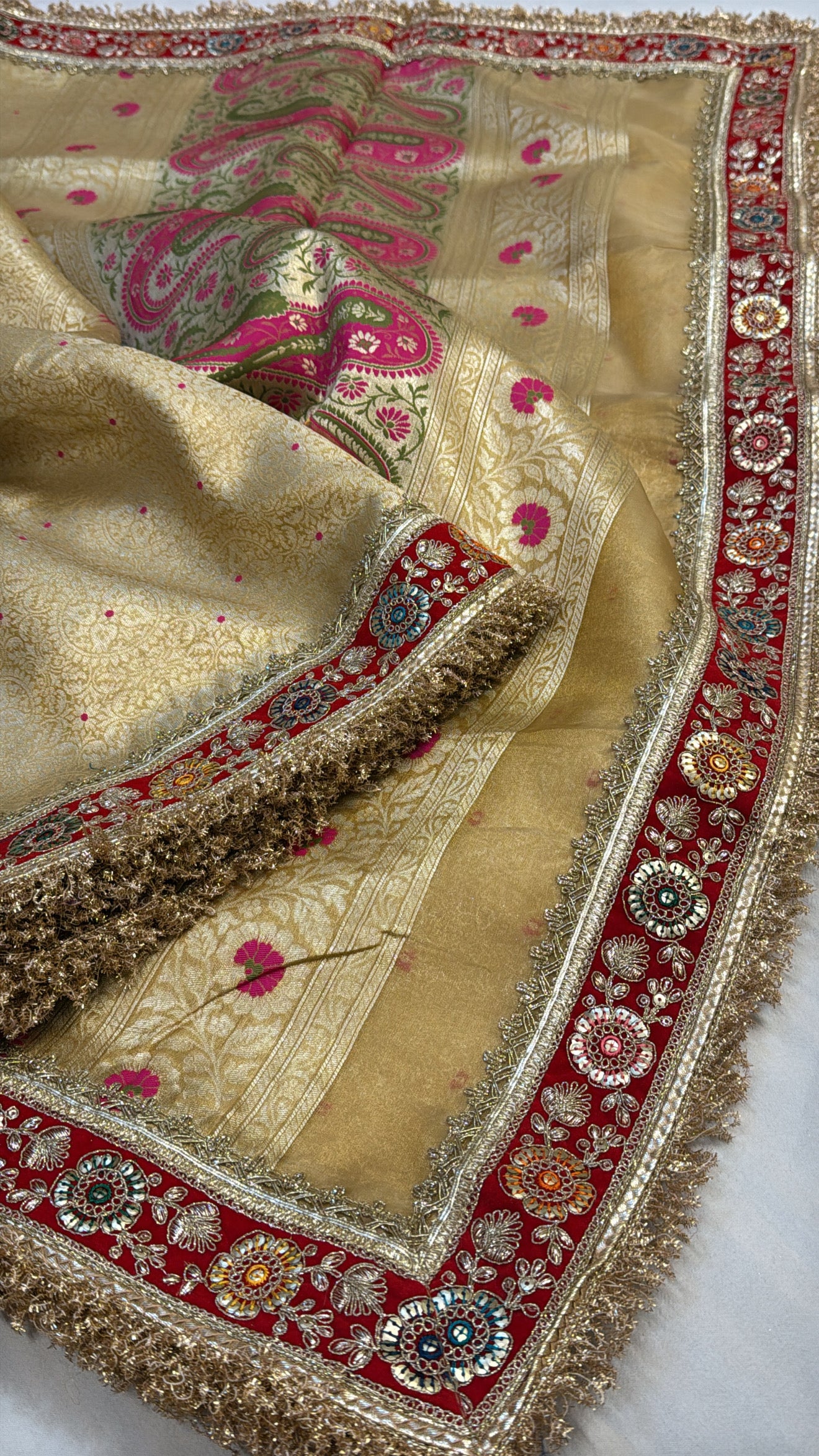 Golden tissue brocade meenakari heavy tissue silk kadhwa saree
