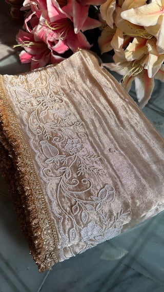 Heere aur moti edit - Butter gold pearl work heavy hand embroidered kadhwa saree
