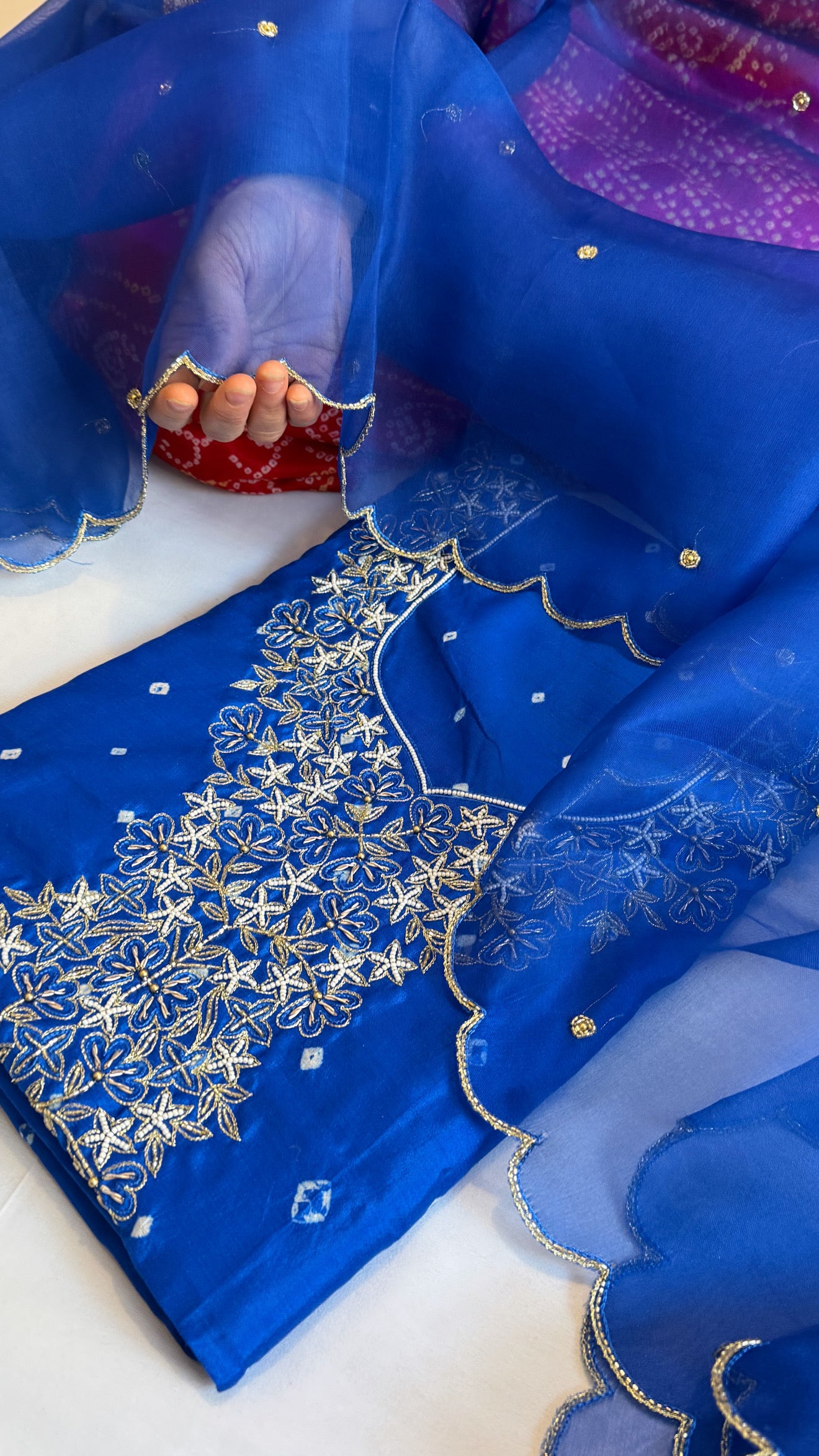 Electric blue raw mango bandhej hand embroidered kadhwa suit set