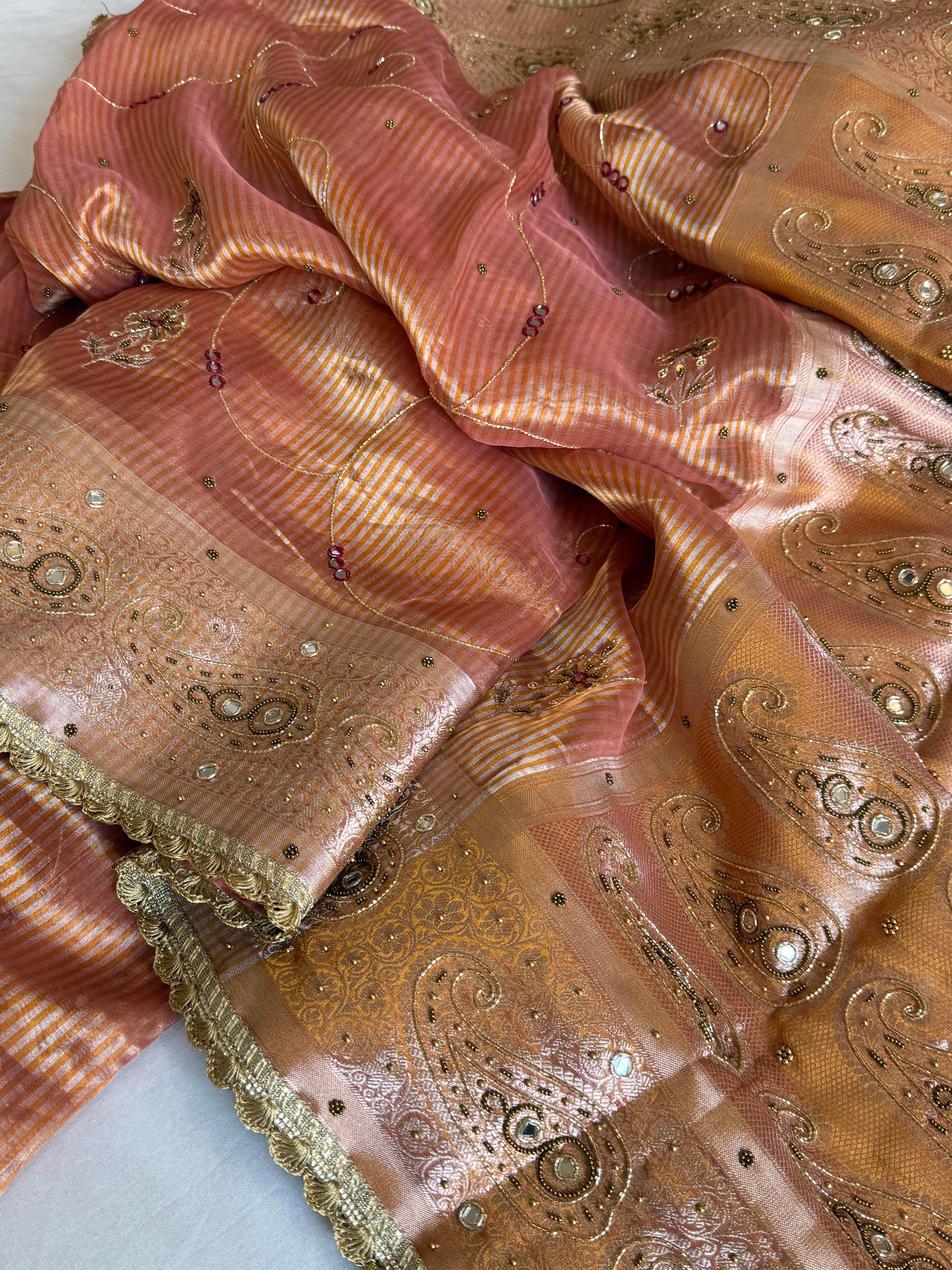 Begum bano Mirror work ambi motif peach striped tissue silk hand embroidered saree