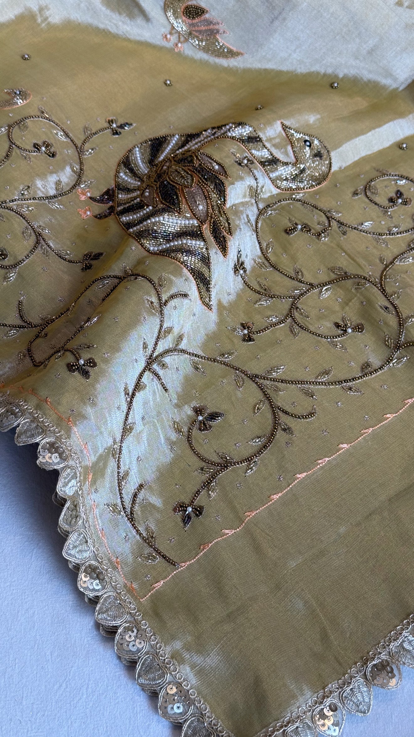 Satin tissue silk butter golden banarasi hand embroidered kadhwa saree