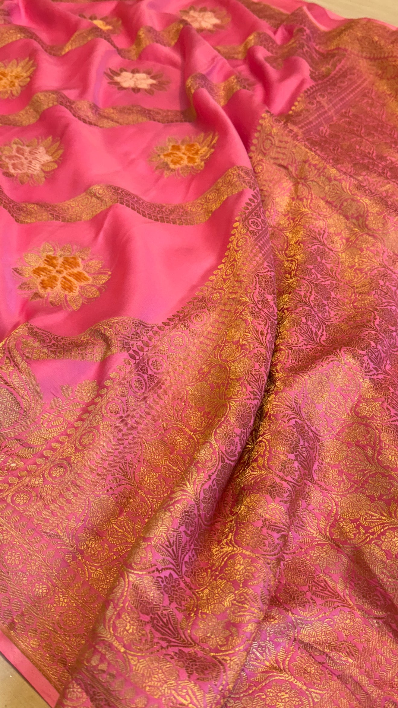 Neonish pink banarasi mashru silk velvet buti kadhwa weaving saree