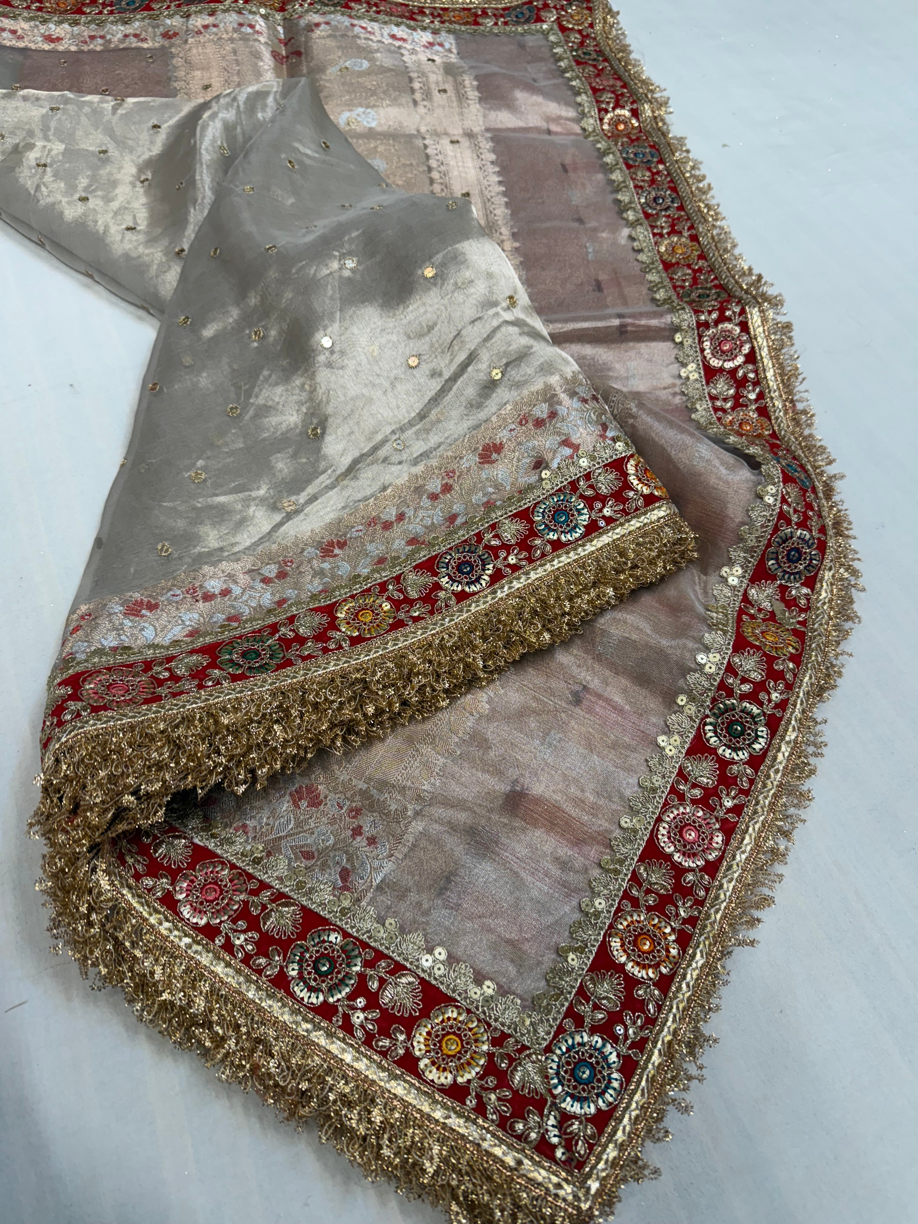 Diamond tissue silk chunri buti hand embroidered panetar saree